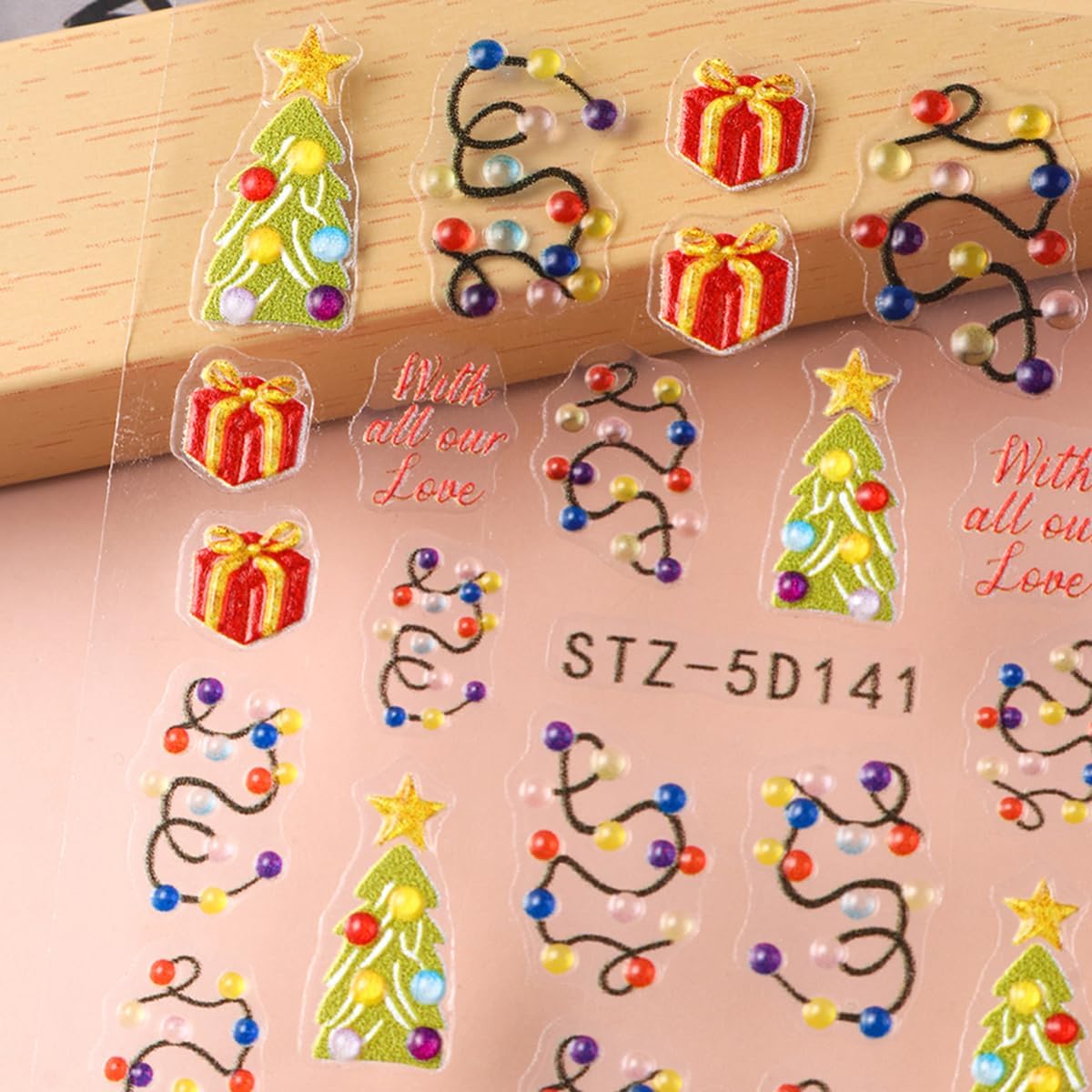 Christmas Nail Art Stickers 5D Embossed Colorful Light Nail Decals 2PCS Xmas Tree String Light Gift Box Self-Adhesive Xmas Nails Design Nail Art Supplies Stickers for Women Manicure Decorations