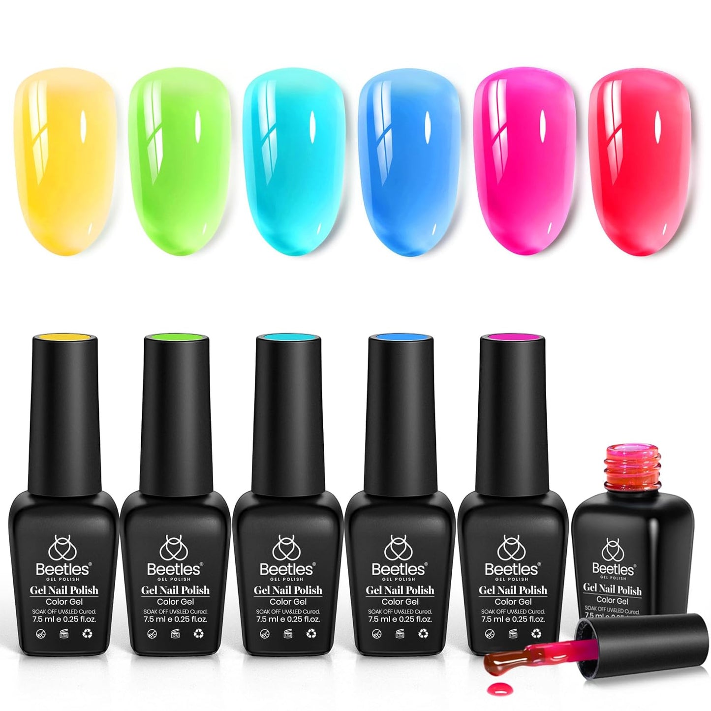 Beetles Jelly Gel Nail Polish Set, 6 Colors Summer Neon Gel Nail Polish Kit Sheer Transparent Effect Hot Pink Red Blue Yellow Green French Nail Art Tropical Glow Series Manicure Gift for Women