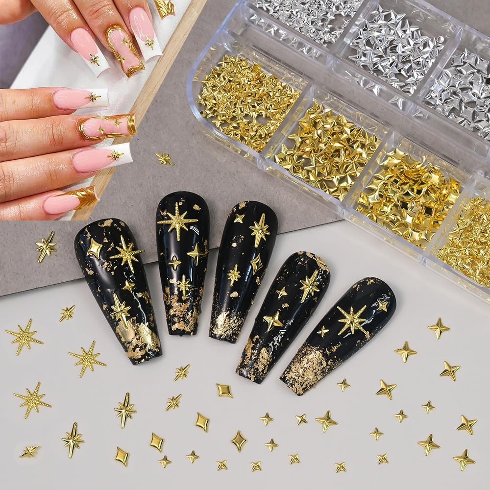 3D Star Nail Charms, Gold & Silver Multi-Shapes Metallic Nail Art Gems and Small Round Caviar Beads, Craft Jewels Nail Rhinestones Accessories Manicure Decor with Tweezers and Pick-up Pencil 4