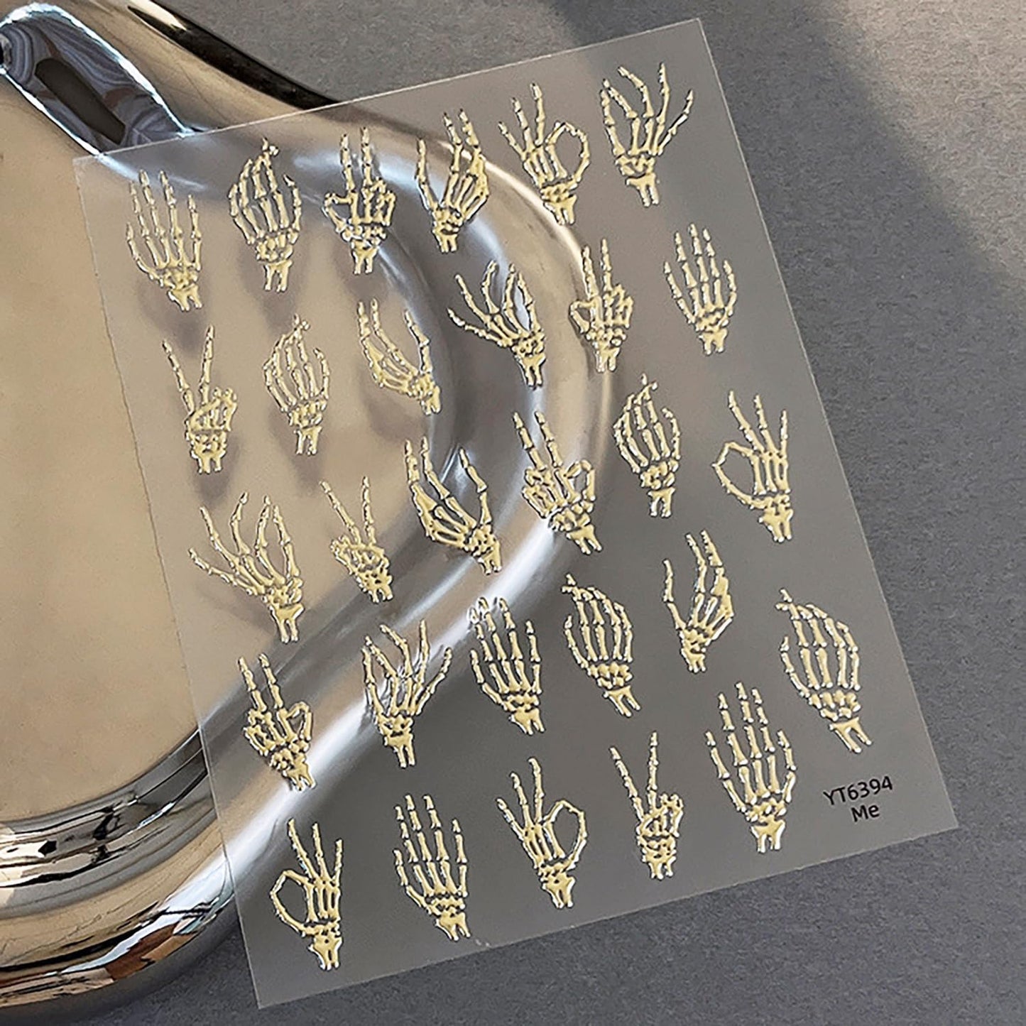 2 Sheets 5D Halloween Nail Stickers for Nail Art Self-Adhesive Embossed Hand Bones Nail Art Stickers Gold Silver Horror Hand Bone Nail Decals Halloween Nail Design Sticker for Women DIY Manicure