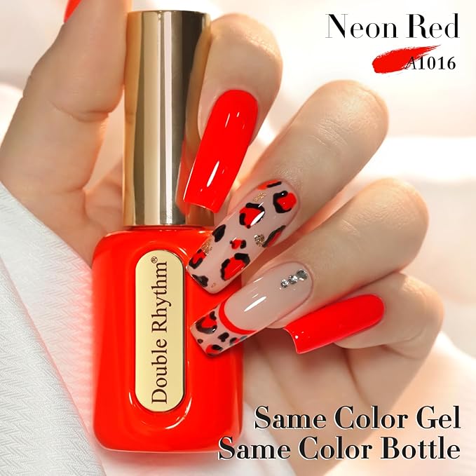 Double Rhythm 0.50 OZ Gel Polish Hema Free Same Color Same Bottle Golden Round Translucent Neutral Natural Milky 15 ML Jelly UV Polish Art DIY at Home (Neon Red-C1016)