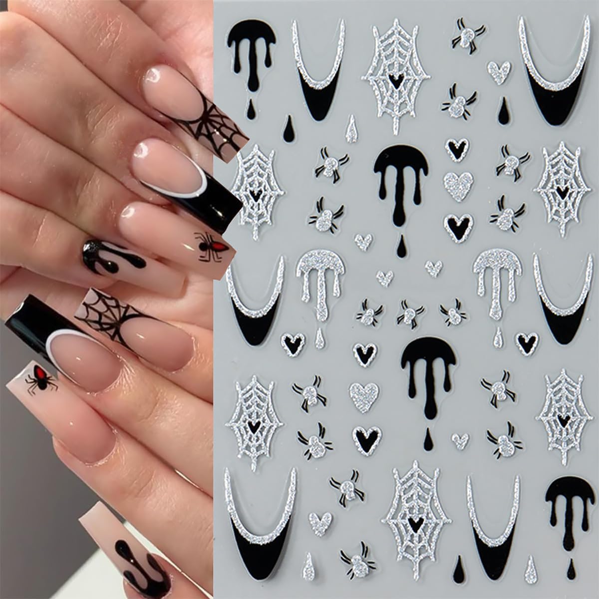 6 Sheets Halloween Nail Art Stickers 3D Self Adhesive Cute Ghost Spider Wed Nail Decals Gothic Bat Blood Nail Stickers Glitter Silver French Nail Design Decals Holiday Nail Art Supplies for Women