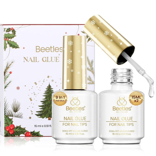 Beetles 9 In 1 Gel Nail Glue Kit, 2Pcs 15ml Long Lasting UV Nail Glue for Acrylic Nail Tips, Super Strong Brush for Base Coat, Christmas Gift for Women, UV LED Light Required