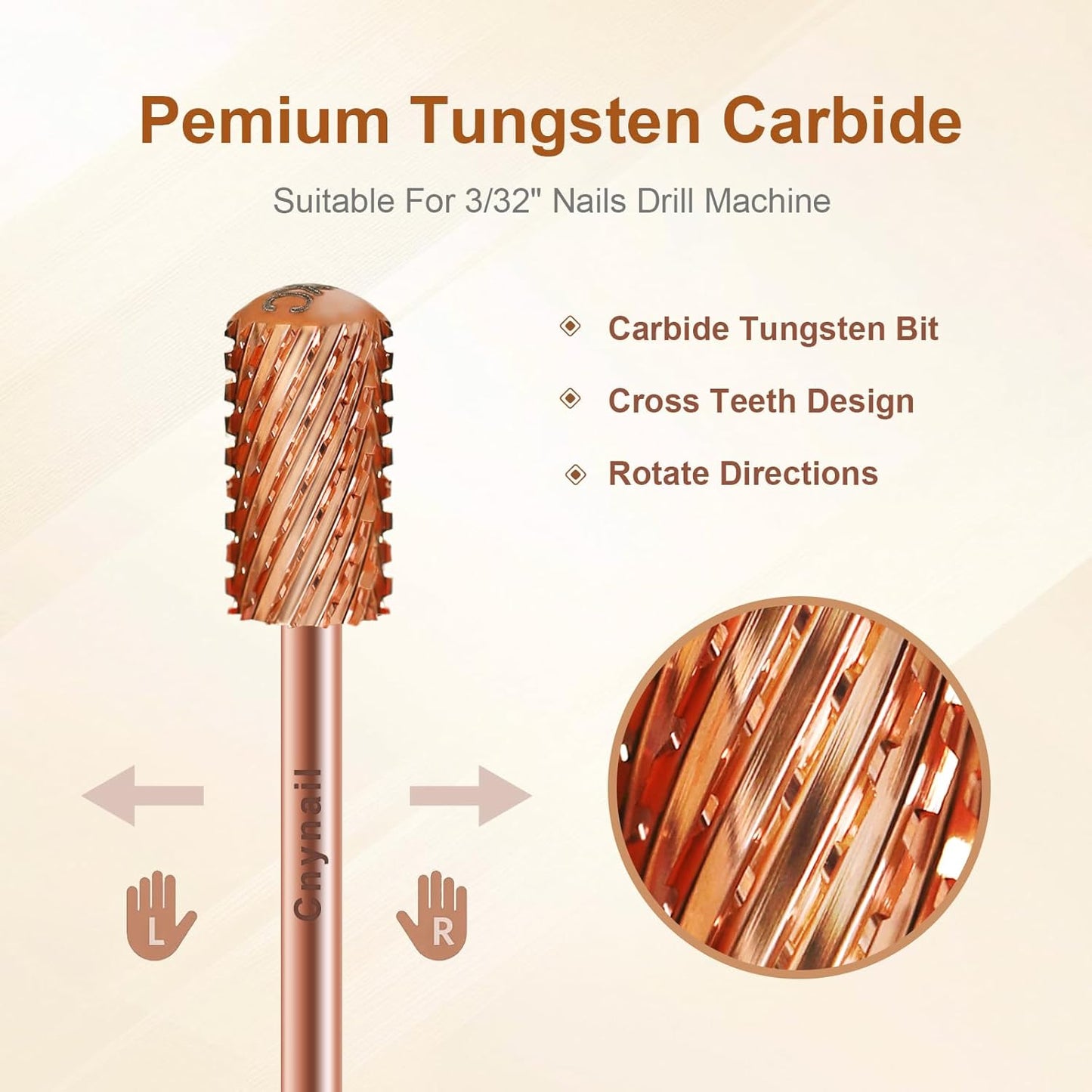 3/32" Large Barrel Smooth Round Top Tungsten Carbide Nail Drill Bit Safety Bit for Gel & Acrylic Removal, 2-Way Rotating Efile Tip, Salon Electric File Accessory (2XC Grit, Rose Gold)