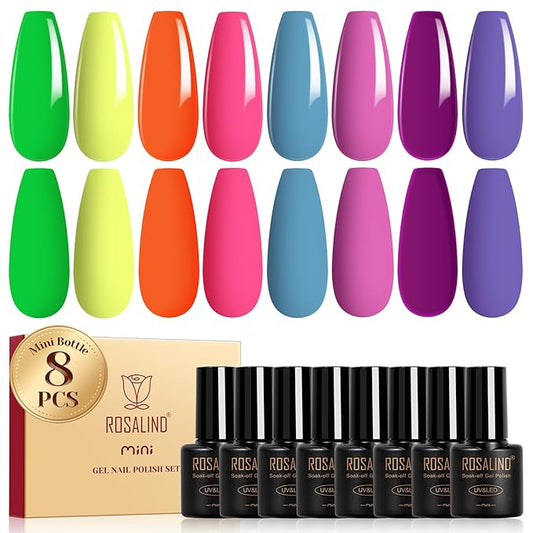 ROSALIND Neon Gel Nail Polish, 8 Colors Hot Pink Neon Orange Green Gel Polish, Bright Colors Purple Gel Polish Neon Pink Rainbow Collection Nail Art Gift DIY at Home