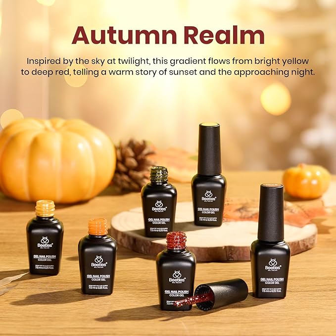 Beetles Fall Gel Polish Set - Autumn Realm Collection, Mustard Yellow Orange Burgundy Gel Polish Green Golden Glitter Nails Kit DIY Nail Art Soak Off UV Led Gifts for Women