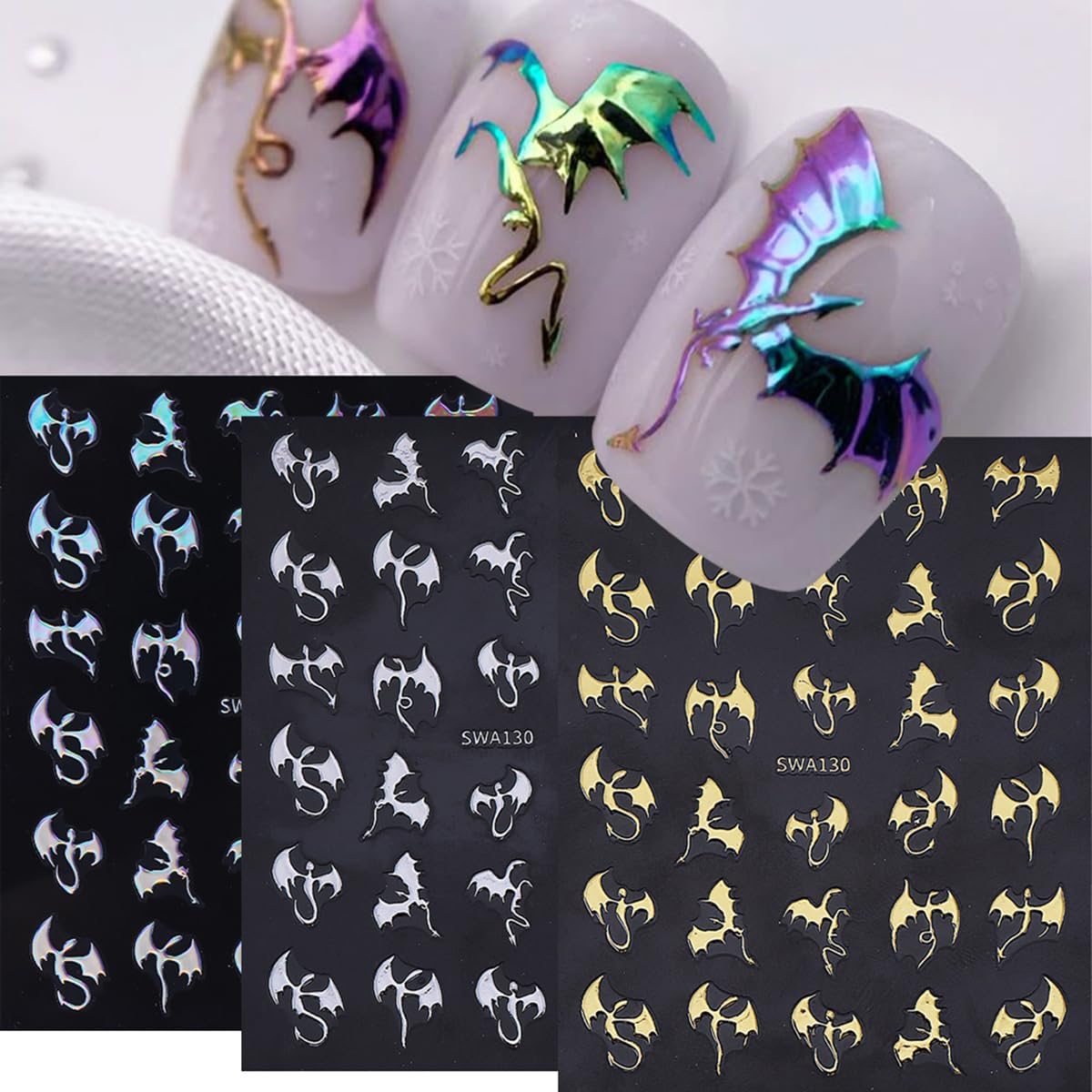Dragon Nail Art Stickers 3D Metallic Flying Devil Bat Halloween Nail Decals 6PCS Golden Silvery Holographic Y2k Dragon Nail Stickers Sweet Punk Style DIY Halloween Nail Art Salon Decorations Supplies