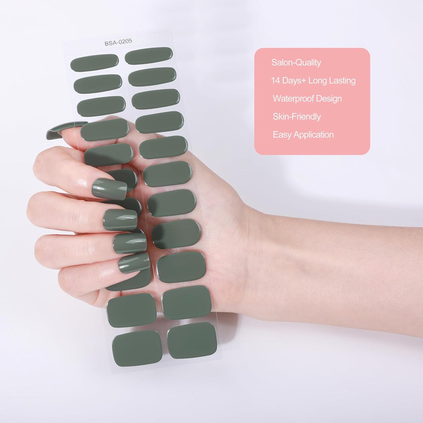 No Lamp Gel Nail Strips 22 Pcs Wraps - Green, Solid, Easy Apply Gel Nail Stickers Long Lasting, Salon-Quality, 2 Prep Pads, 1 File, 1 Wooden Stick