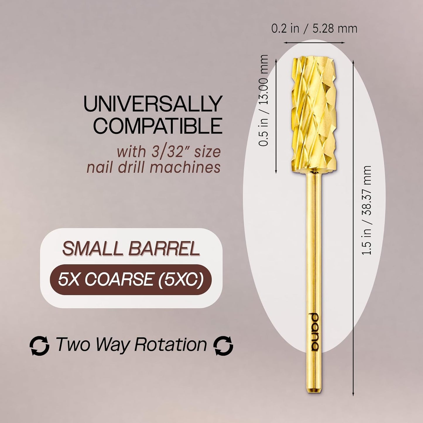 USA PANA Professional 3/32" Shank Size - Flat Top Small Barrel Carbide Bit - 5X Coarse Grit to Extra Fine Grit - Gold, Silver, DLC Black - Nail Drill Bit for Dremel Machine (5X Coarse, Gold)