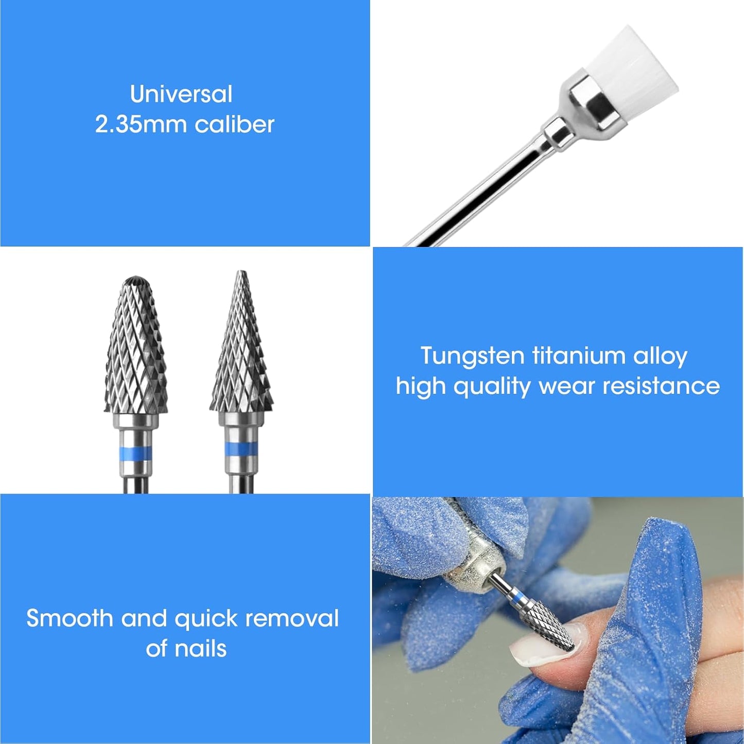 3 Pack Professional Carbide Nail Drill Bits Set with Cleaning Brush, 3/32" 5 in 1 Tungsten Safety Cuticle Bits for Manicure Pedicure Gel Polish Removal (Medium Teeth, Round & Pointed Head)
