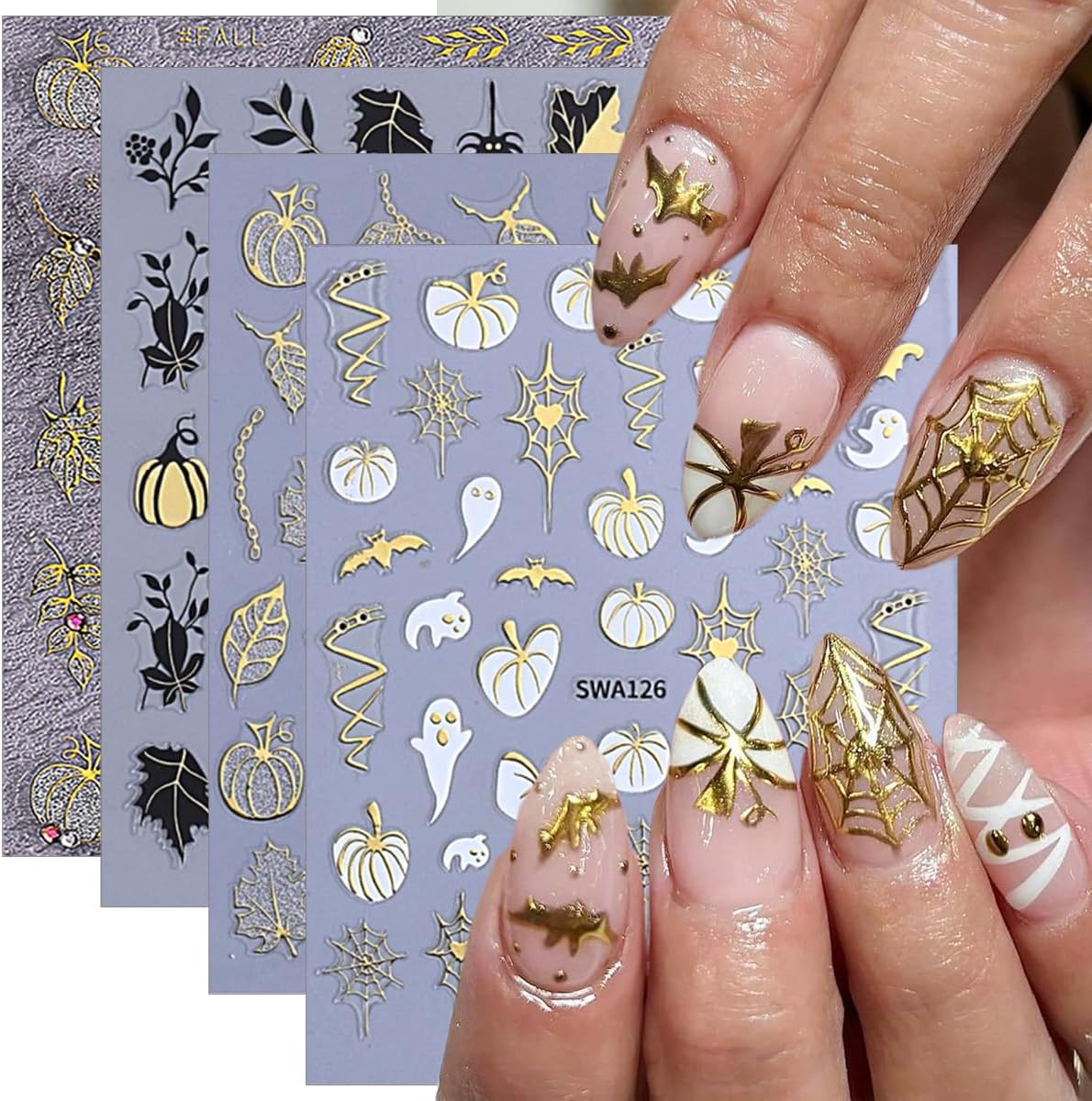 4 Sheets Halloween Nail Art Stickers Decals Fall Nail Decals Gold 3D Self-Adhesive Ghost Bat Spider Web Pumpkin Nails Decor Autumn Maple Leaf Nails Designs Stickers for Women Party Manicure Supplies