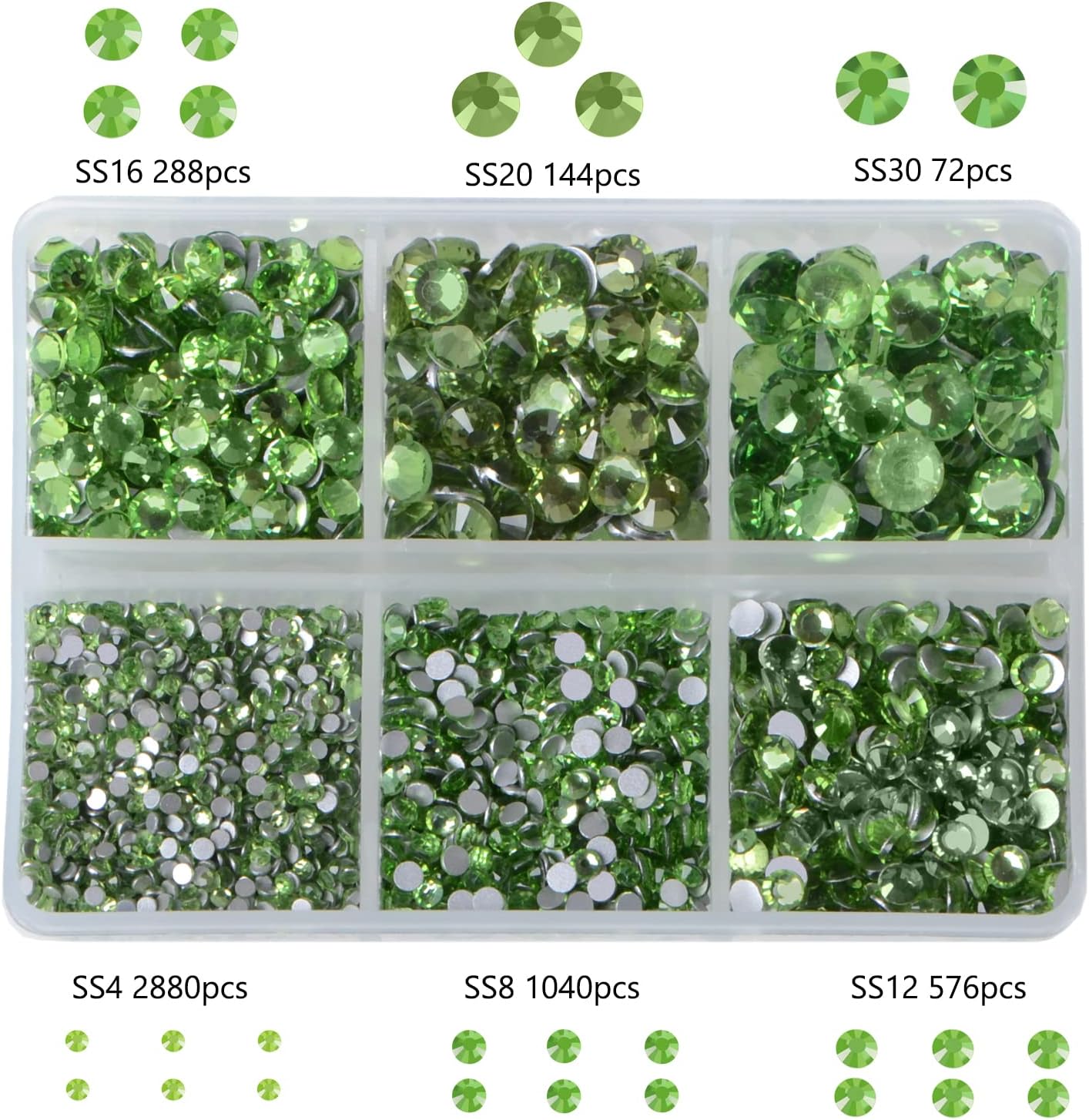 Bymitel 5000 Pieces 6 Mixed Sizes Glue Fix on Glass Rhinestones Round Crystal Gems Flatback for DIY Jewelry Making with one Picking Pen(6-Sizes 5000PCS, Peridot)