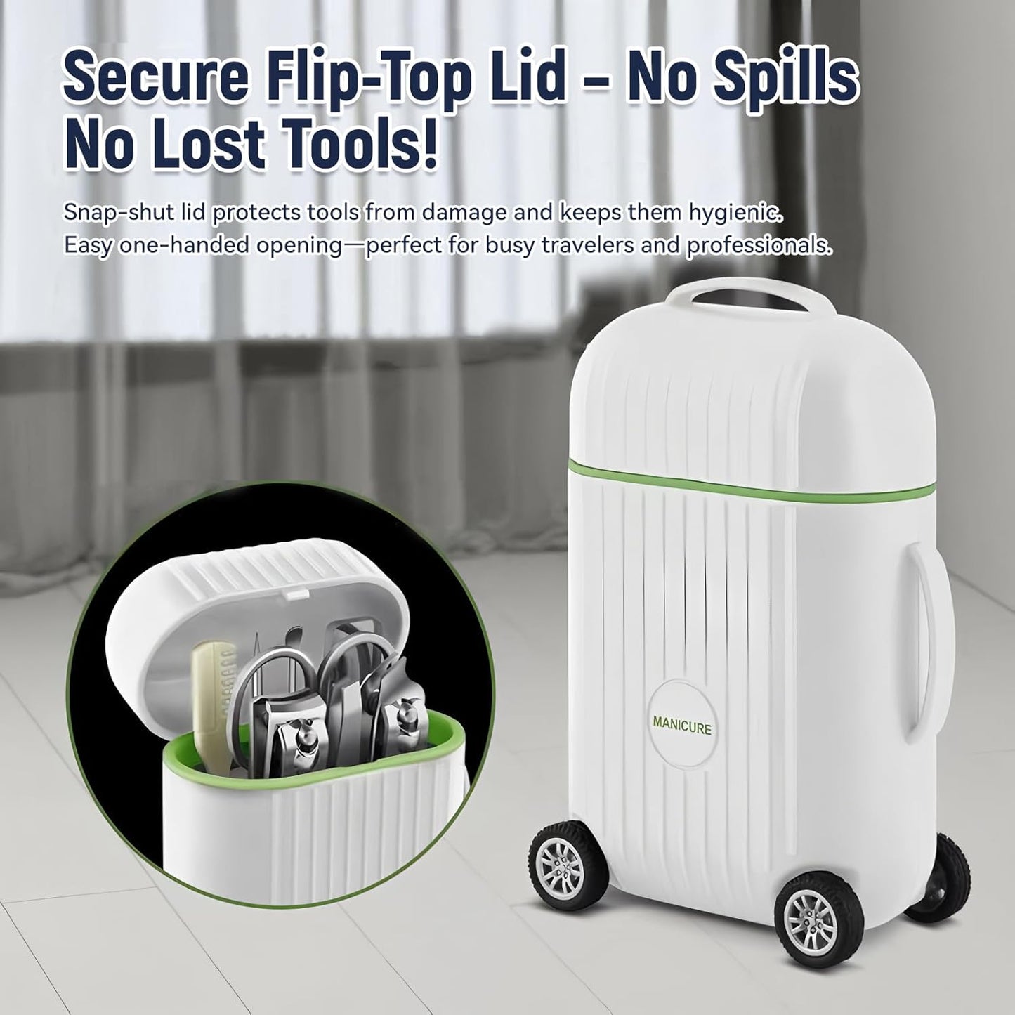 Travel Luggage Style Manicure Set, 6-in-1 Nail Care Kit with Stainless Steel Tools, Compact Design (White)