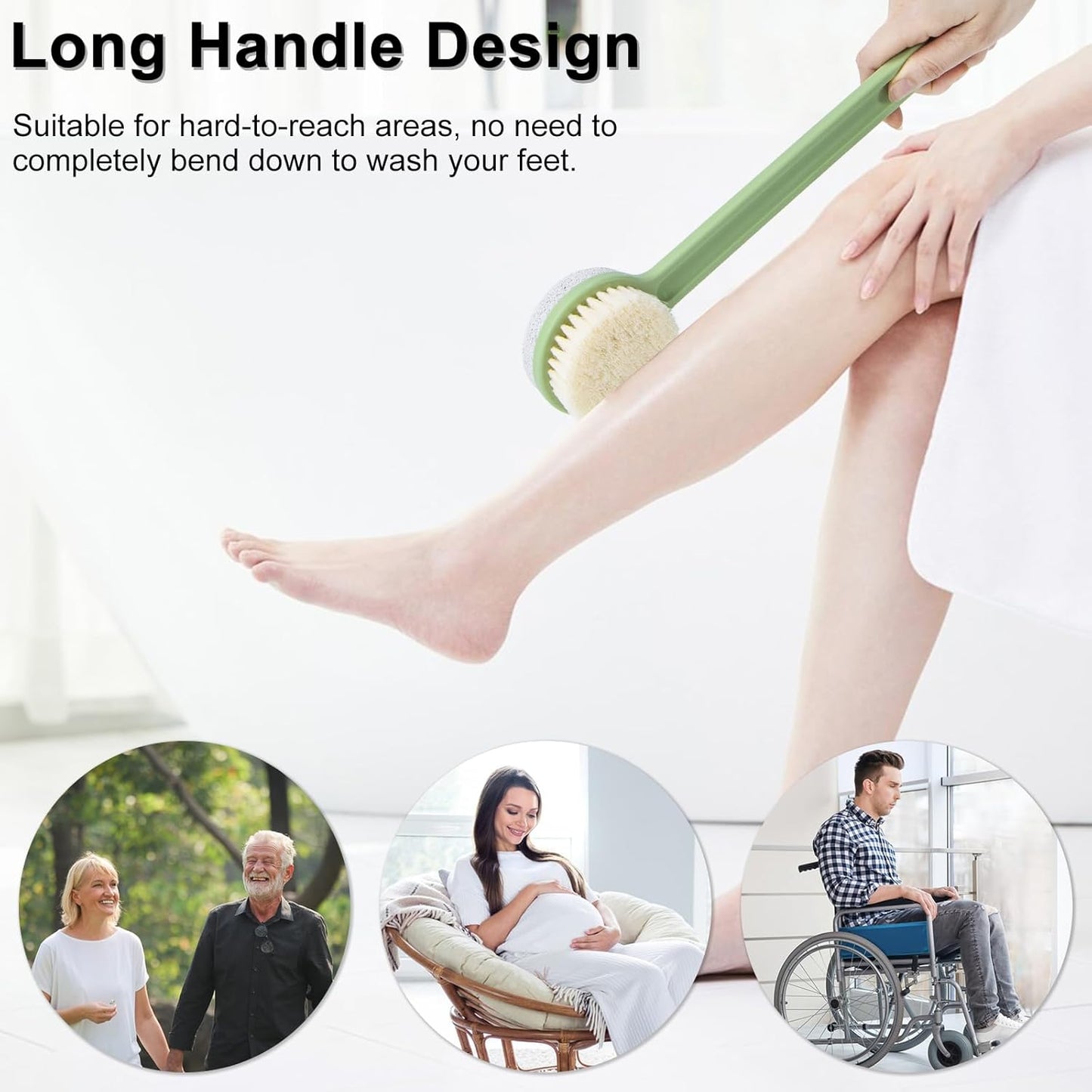Pumice Stone for Feet and Shower Brush with Long Handle 14", Hard Skin Callus Remover, 2 in 1 Foot Scrubber Brush, Back Scrubber Body Brush for Shower Deep Cleansing and Exfoliating (Straight)