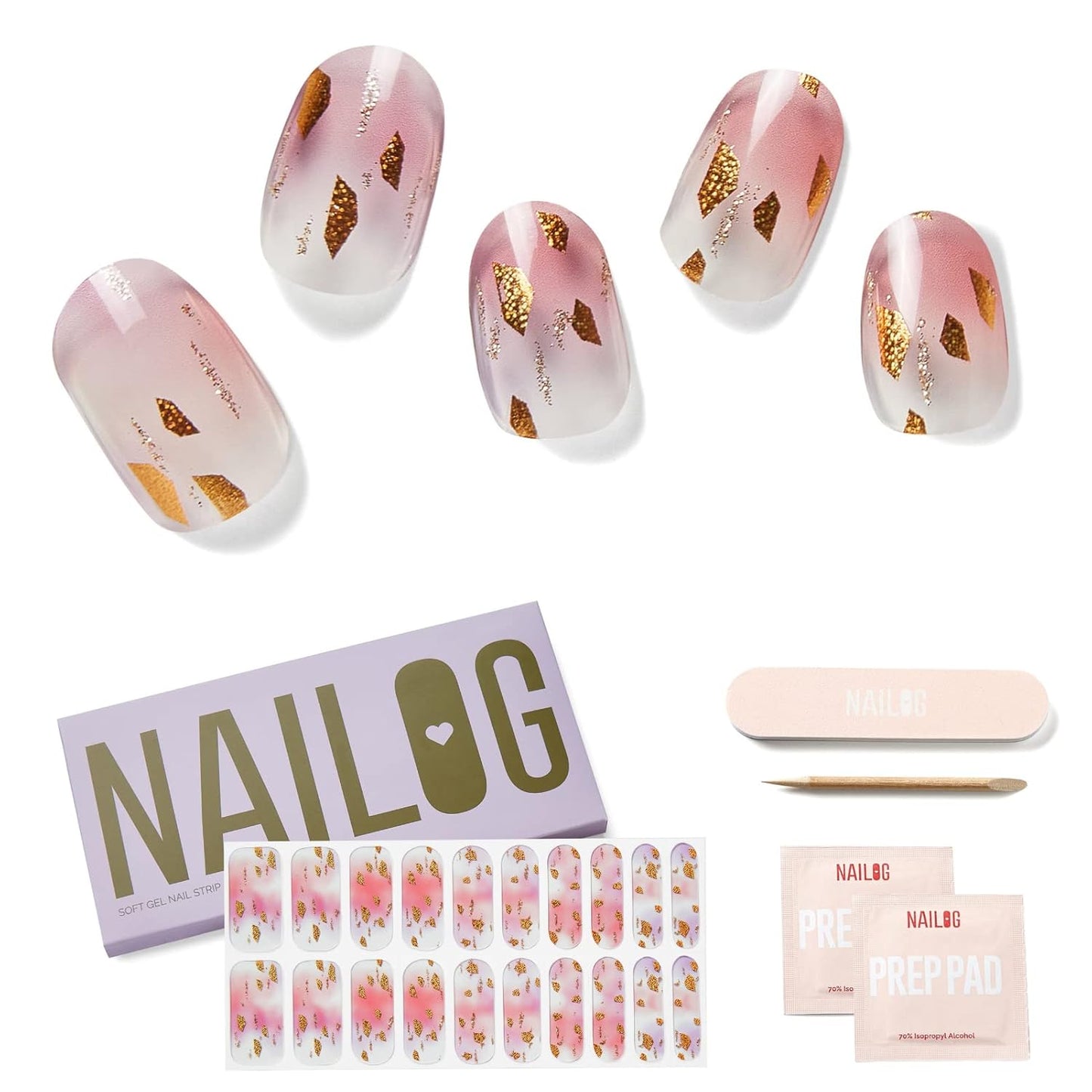 NAILOG Semi Cured Gel Nail Strips (20 Extra Long Polish Stickers/Wraps) │ Glossy & Long Lasting Soft Gel Finishing │Rose Land