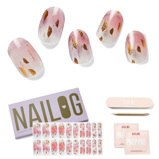 NAILOG Semi Cured Gel Nail Strips (20 Extra Long Polish Stickers/Wraps) │ Glossy & Long Lasting Soft Gel Finishing │Rose Land