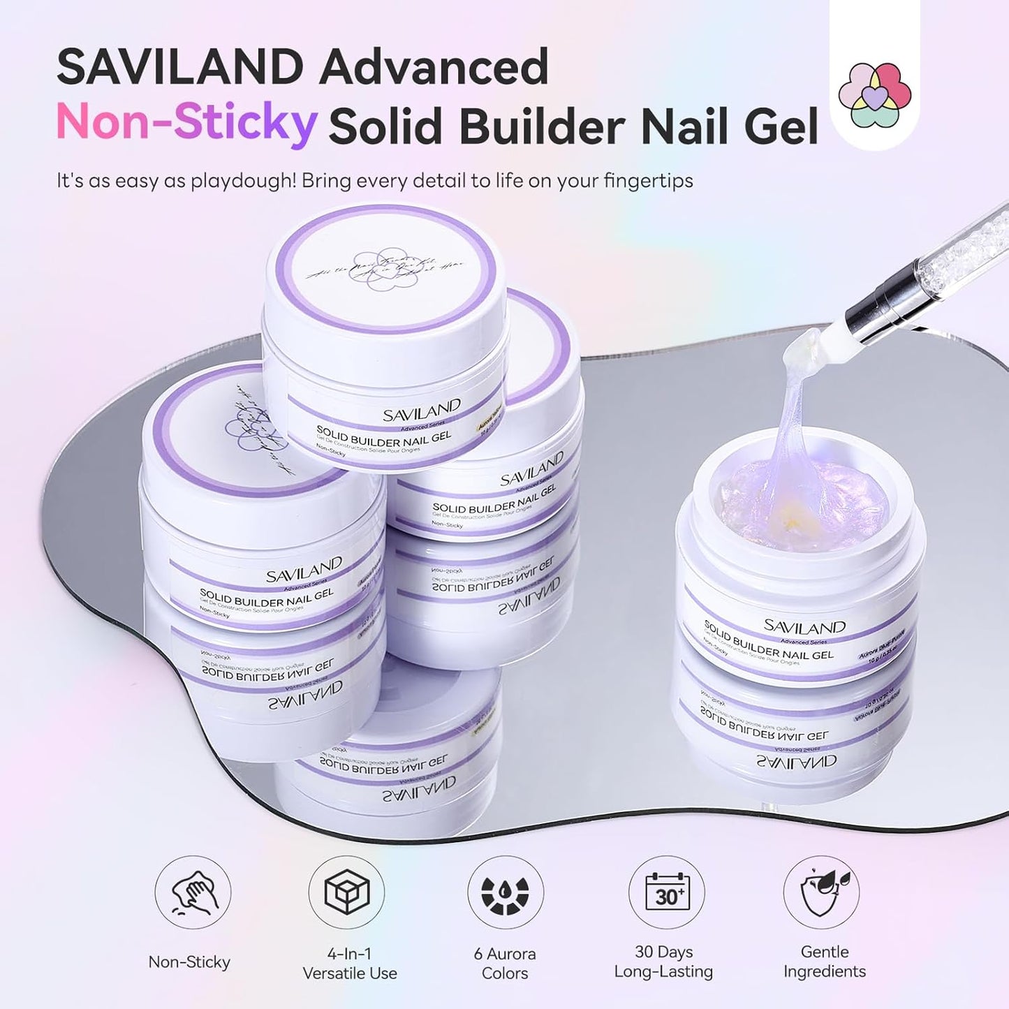 SAVILAND Advanced Non-Sticky Solid Builder Nail Kit: 6PCS Aurora Colors 30 Days Long-Wear Sculpting Gel for Nails Art 4 in 1 3D Gel Nail Art with Castor Oil Salon Use
