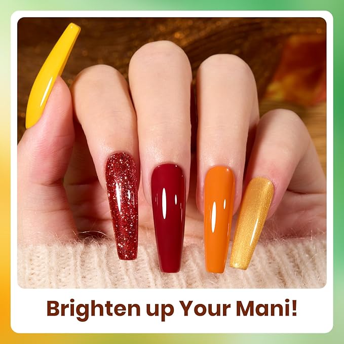 Beetles Fall Gel Polish Set - Autumn Realm Collection, Mustard Yellow Orange Burgundy Gel Polish Green Golden Glitter Nails Kit DIY Nail Art Soak Off UV Led Gifts for Women