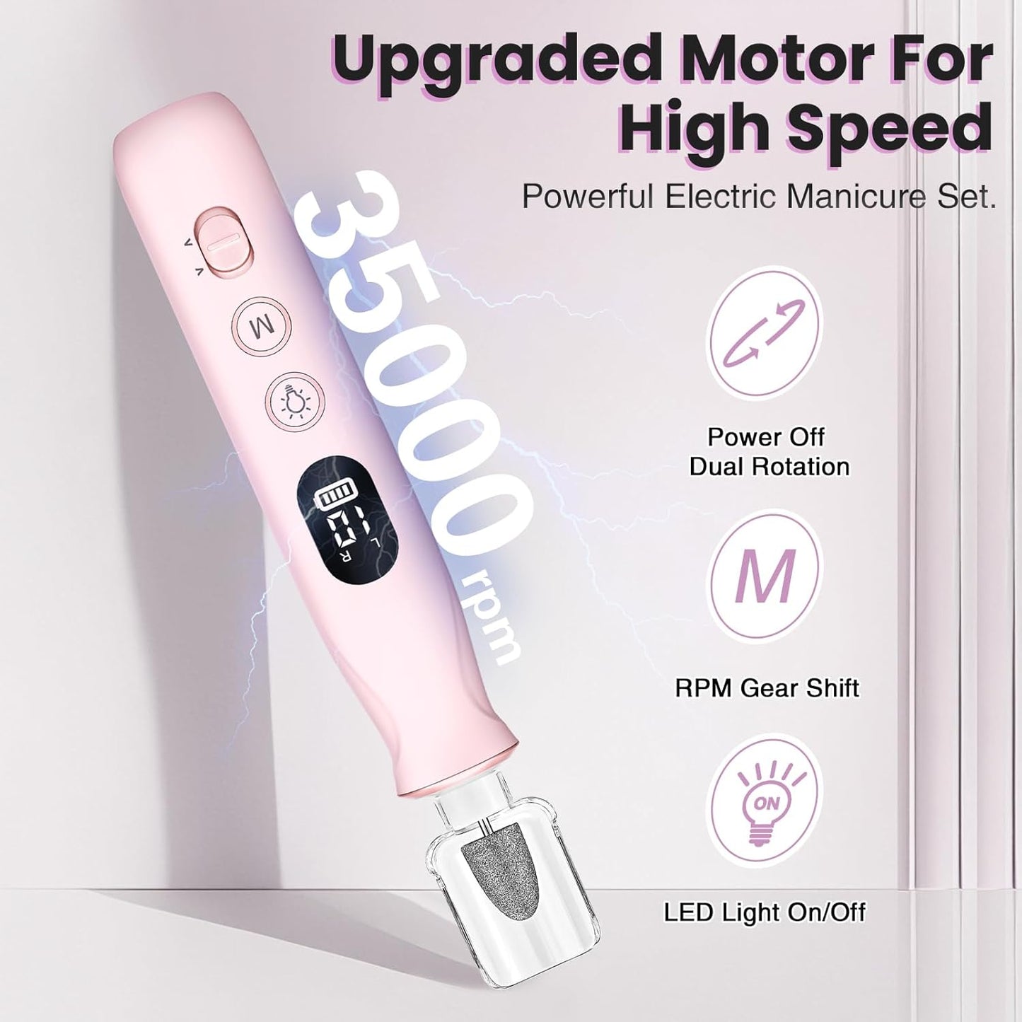 Electric Nail Drill, Cordless 2000 mAh Rechargeable Portable Nail File 12 in 1 Kit for Thick Toenails, 10 Speeds Nail Dril Machine Professional Manicure Pedicure for Hand Natural Nails Care (Pink)
