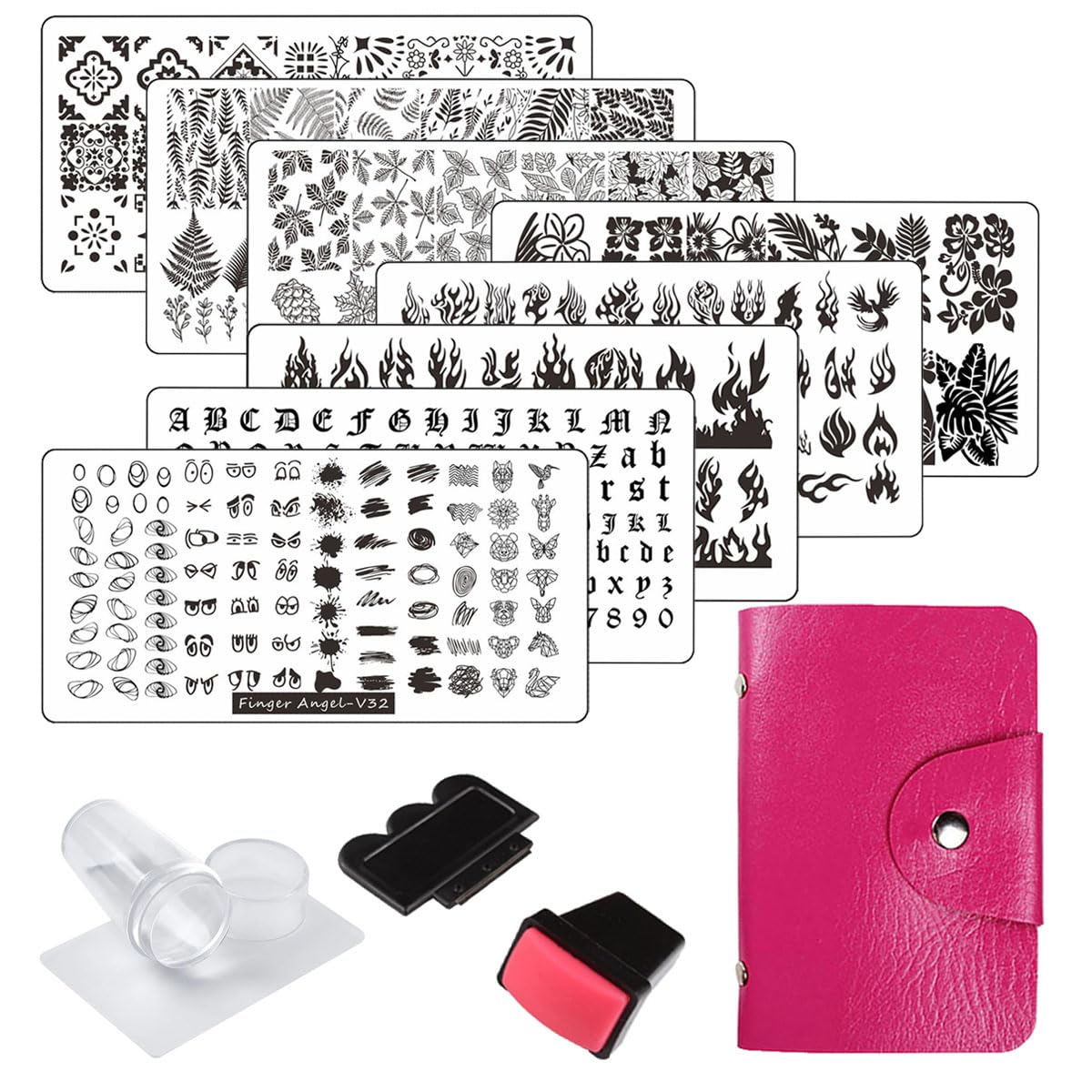 13pcs Stamping Nail Art Plates Set with 2 Stamper, 2 Scraper, Storage Bag - Leaves, Flowers, Animal Nail Plate Templates