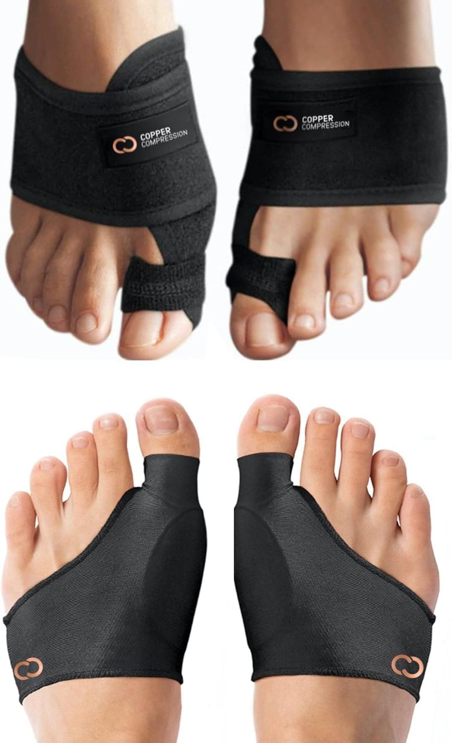Copper Compression Bunion Relief Kit - Includes 1 Pair Each of Bunion Corrector Cushion Sleeves & Bunion Corrector Toe Splints - Pads & Straightens Bunions, Feet for Men & Women - Small/Medium