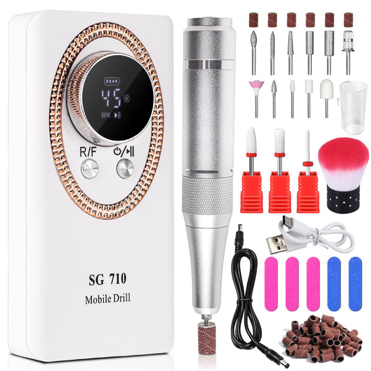 Electric Nail File for Acrylic Nail Kit, 45000RPM Electric Nail Drill Professional Manicure Pedicure Set with Nail Drill Kit Bits, Efile Cordless for Manicure