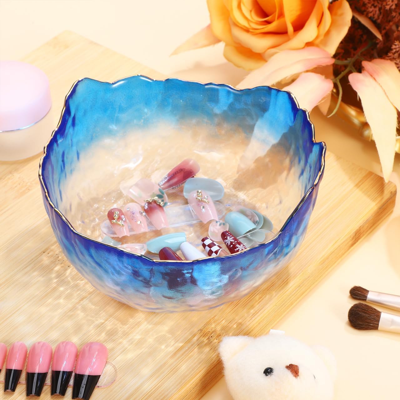 Glass Manicure Soaking Bowl Nail Soak off Bowl 9 Inch Pedicure Salon Bath Nail Remover for Fingernail Toenail Caring Polish Removal, Blue