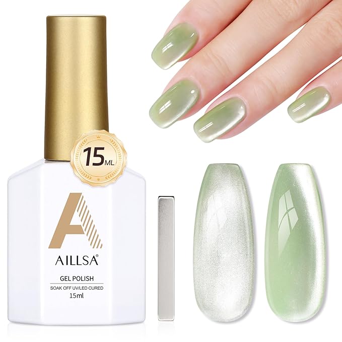 AILLSA Glass Cat Eye Gel Nail Polish, 15ml Green Glitter Jelly Sheer Polish, Translucent Magnetic Shimmer Sparkle St. Patrick's Day Nail Art U V Gel Salon 0.5 OZ GF41