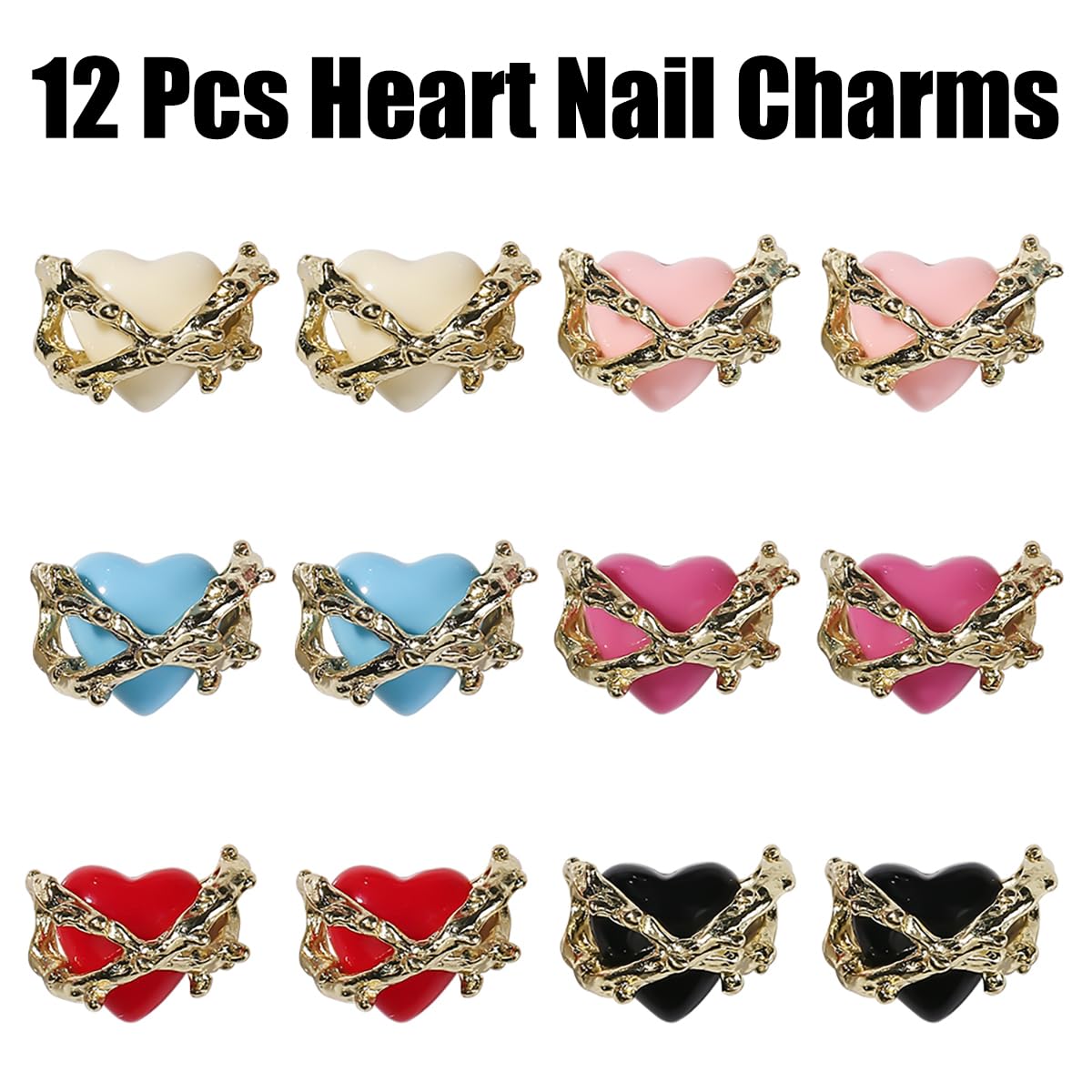 KTAABTR Valentines Nail Charms 12pcs Alloy Heart Nail Art Charms Design Valentines Day Nail Charms Red Pink Black Heart Nail Charms for Women DIY Manicure Valentines Heart Charms Decoration