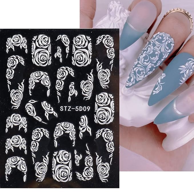 French Nail Art Sticker Decals 5D Embossed French Pattern Roses White Nail Art Accessories Self-Adhesive Nail Art Supplies Decoration Retro Classic Acrylic Nails Design, 8 Sheets