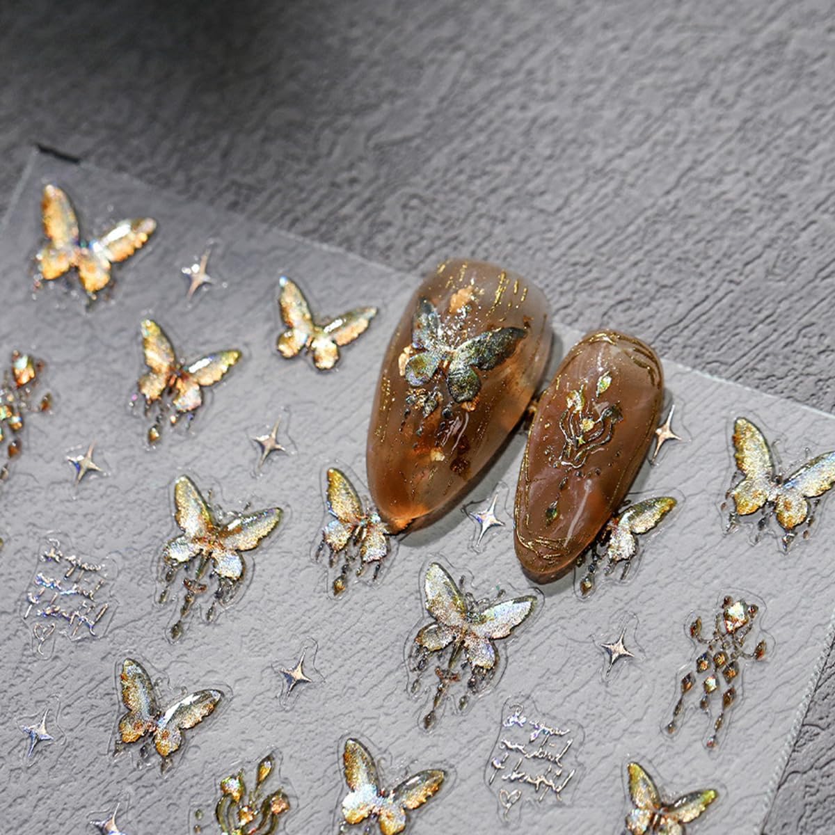 Butterfly Nail Art Stickers and Decals - 5D Embossed Gold Butterflies Star Accessories for Women Girls Spring Summer Decoration - Shiny Art Supplies