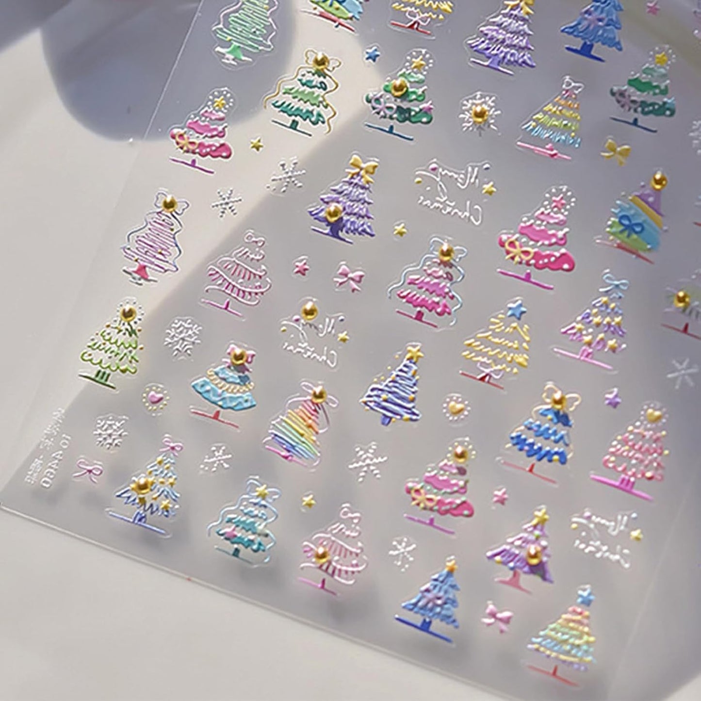 1 Sheet Cute Christmas Tree Nail Art Sticker 5D Embossed Colorful Christmas Tree with Gold Pearl Nail Sticker Decal Acrylic Nail Supplies for Women Girls DIY Nail Art Decoration