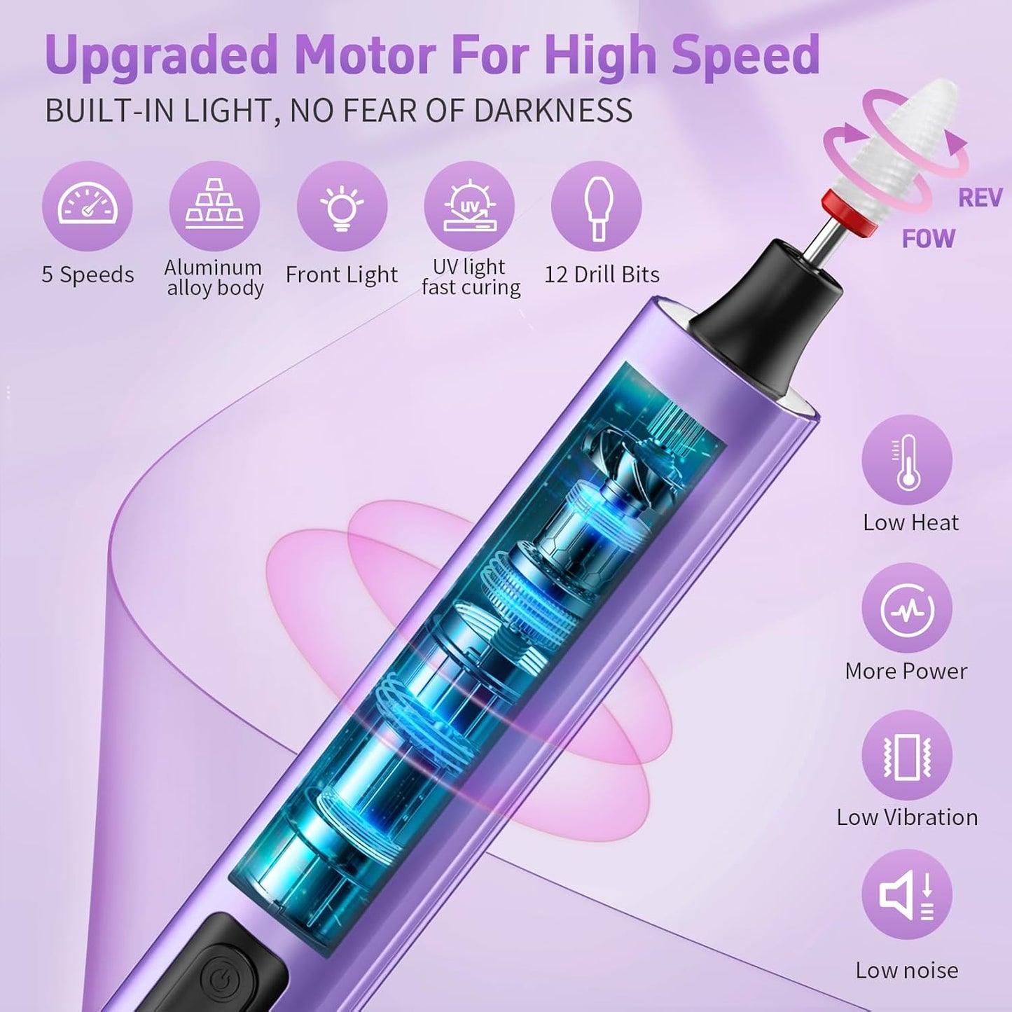 Electric Nail Drill Cordless Nail File with UV Lamp:Professional for Acrylic Gel Dip Powder Nails Portable Nail Kit Machine for Women Girl Manicure Pedicure Nail Set Rechargeable Lightweight