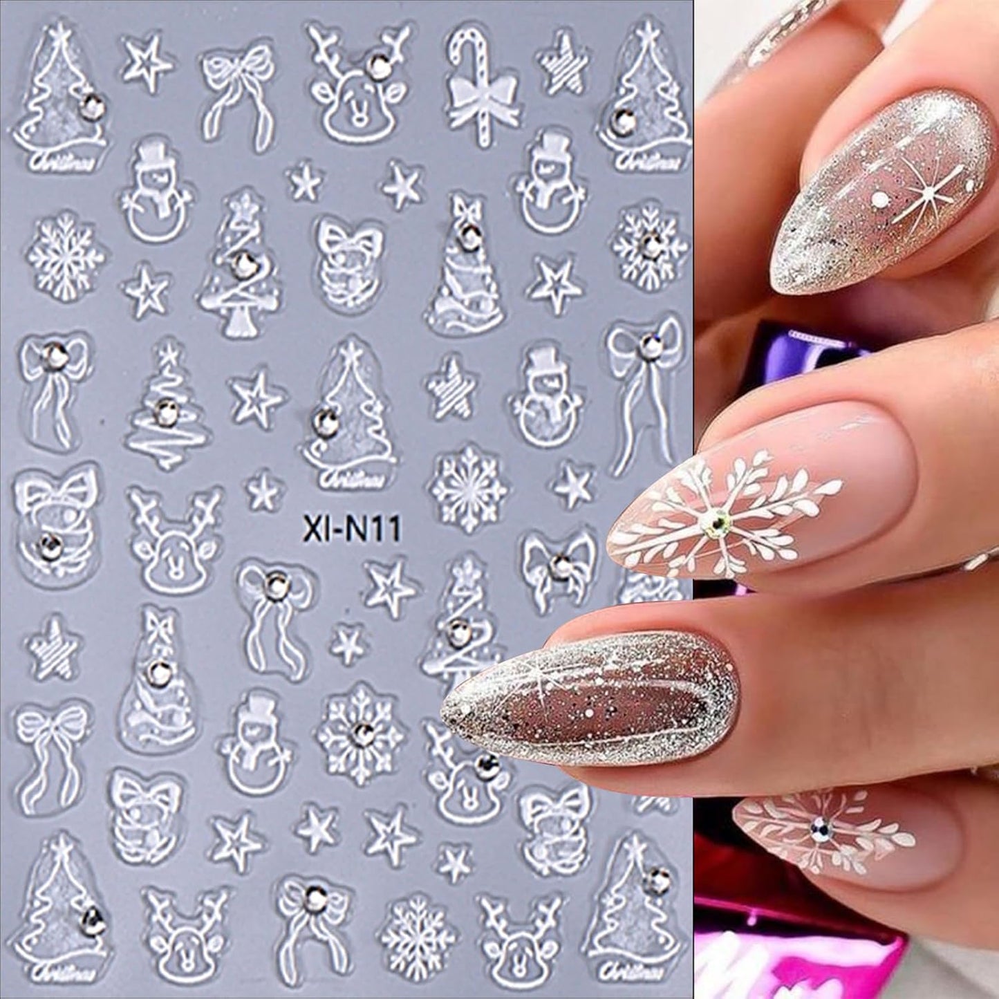 6 Sheets Christmas with Rhinestones Nail Art Stickers 3D Self-Adhesive Gold Silver Elk Snowflake Nail Stickers Glitter Christmas Tree Nail Decals Acrylic Nail Supplies for Women Girls Nail Decoration