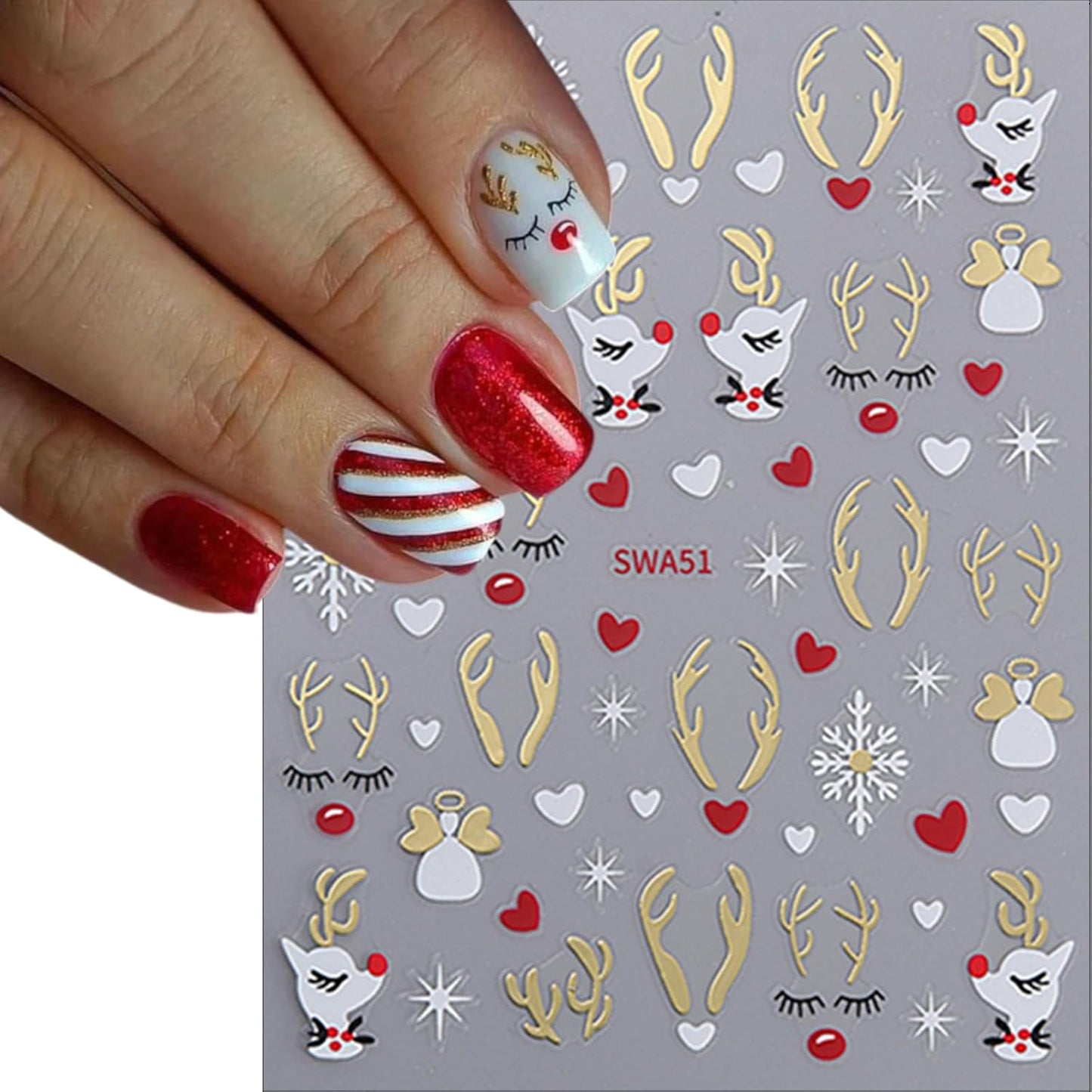 8 Sheets Christmas Nail Art Stickers 3D Self-Adhesive Hot Stamping Elk Snowflake Nail Stickers Glitter Christmas Hat Nail Decals Acrylic Nail Supplies for Women Girls DIY Manicure Decoration