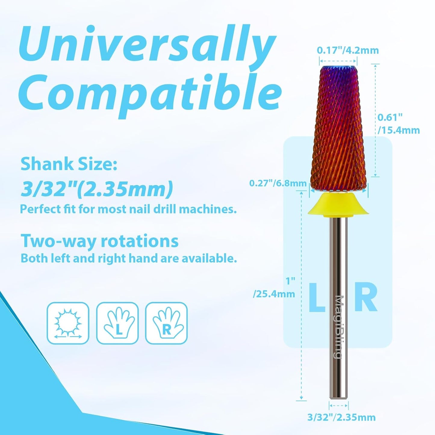 Professional Nail Drill Bits for New Artists, Cross Cut 3/32'' Safety Tungsten Carbide Tapered Bit, Remove Gel Fast, Left & Right Hand Use, Manicure Cuticle Soft Hard Gel Polishing, Extra Fine.