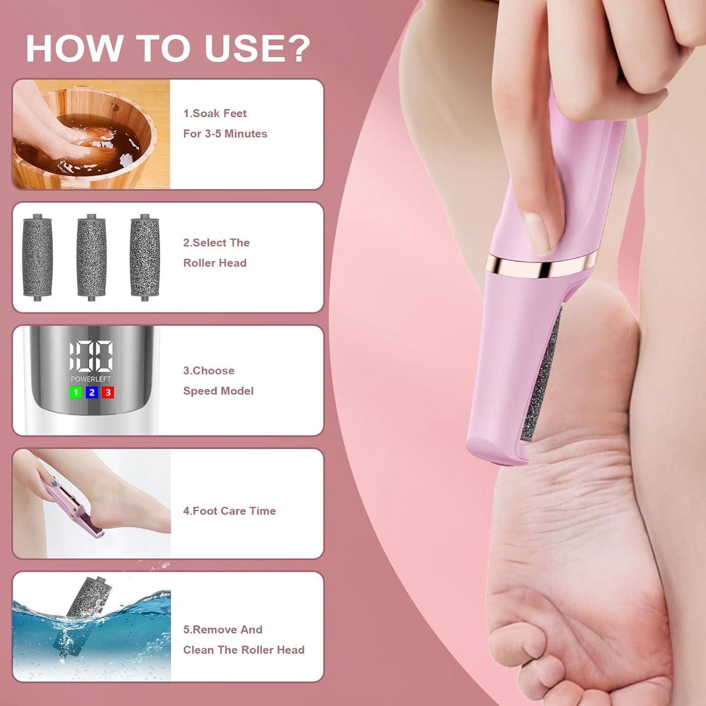 Callus Remover for Feet Rechargeable, Smooth Pedicure Wand Electric Foot File, Professional Pedicure Tools Kits Foot Scrubber for Smoother Feet Ideal Gift, Pedicure Kit Feet Care for Dead Dry Skin