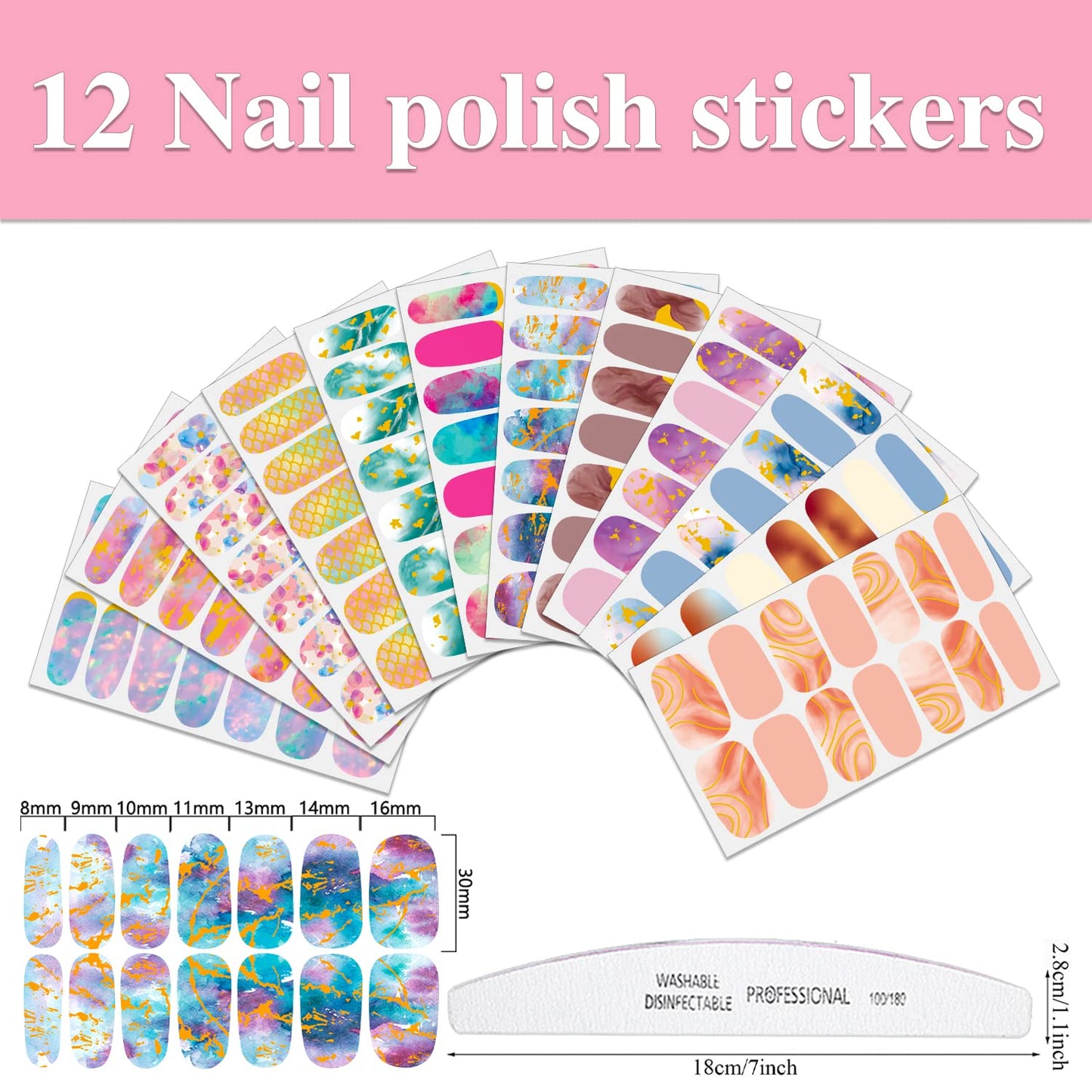 WOKOTO 12 Sheets Glitter Gradient Nail Polish Stickers for Women Marble Nail Stickers Full Nail Wraps Stickers for Nails Gel Nail Polish Strips Stick On Nails for Women Girls Gel Nail Strips