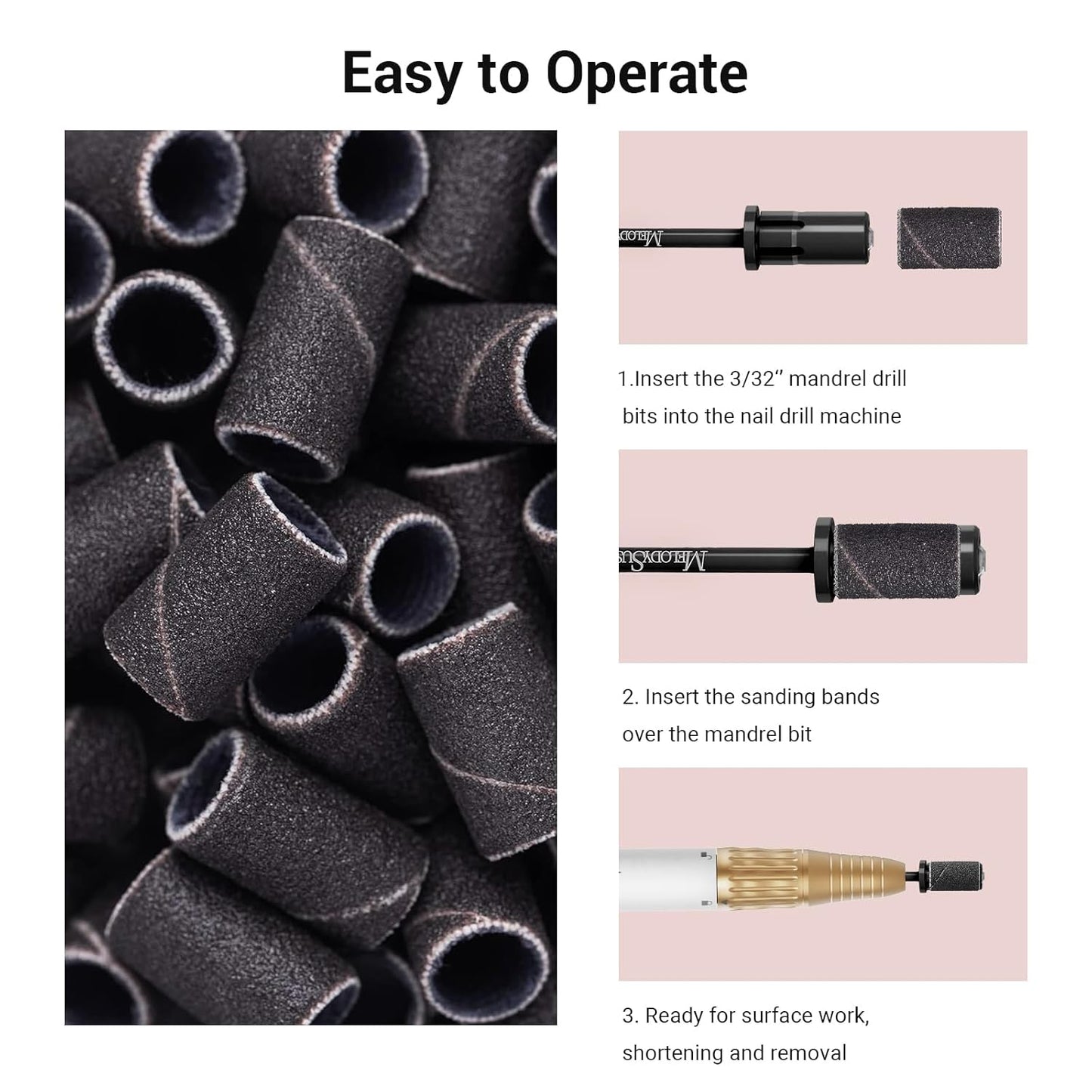 MelodySusie Crystal Top Mandrel Bit for Nails, 3/32'' Easy Off Nail Drill Bits for Sanding Bands, Suitable for Acrylic Nails Gel Manicures and Pedicures, Black