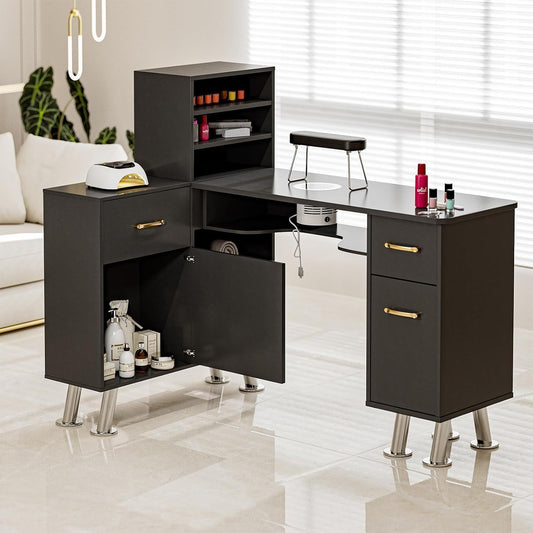 Manicure Table with Shelves, L-Shaped Nail Table Station w/Electric Downdraft Vent, Foldable Nail Arm Rest, Storage Cabinets, Drawers, Metal Handles & Legs for Nail Tech(Black New)