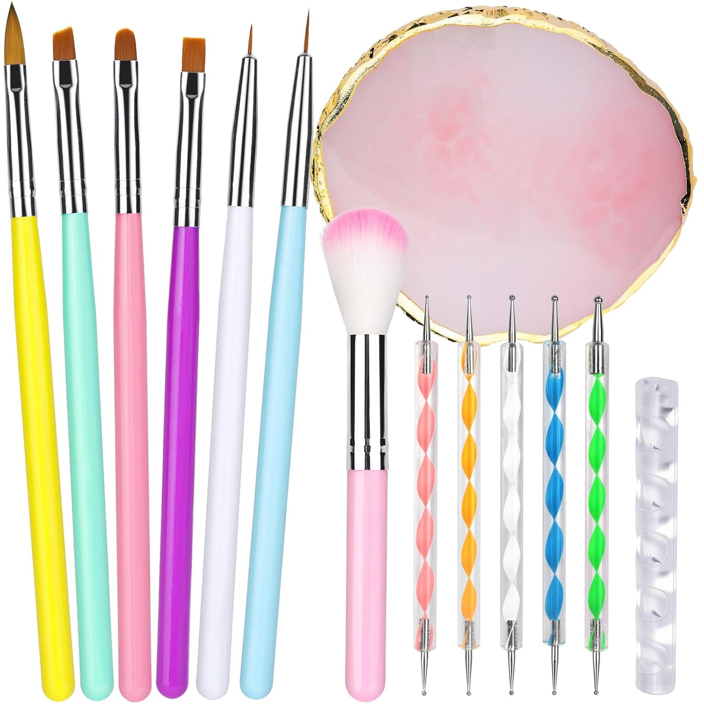 FANDAMEI Nail Art Brushes, 6PCS Nail Brushes for Nail Art, 1PCS Resin Nail Art Palette, 1PCS Nail Clean Up Brushes, 5PCS Dotting Pen Nail Design Tools Kit, Nail Polish Mixing Palette Nail Art Tools