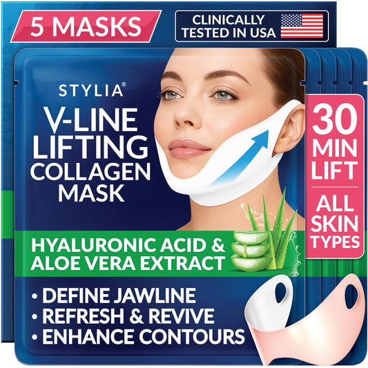 Stylia V Line Lifting Collagen Mask - Lift, Firm & Contour Jawline - Tightening Double Chin Strap with Hyaluronic Acid & Aloe - Neck Lift & Face Tightening Mask - Jawline Shaper Face Lift Tape (5PC)