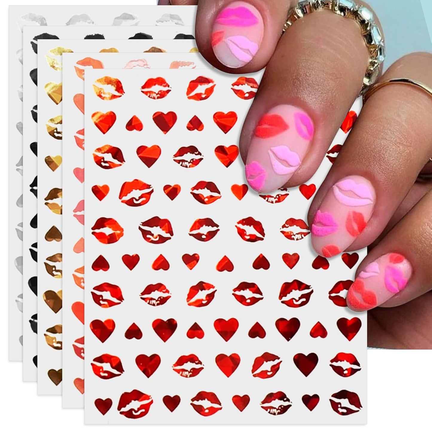 Valentine's Day Nail Art Stickers - Sexy Lip Nail Decals, Self-Adhesive 6 Color Black White Red Pink Kiss Heart for DIY 3D Nail Supplies Decoration (6 Sheets)