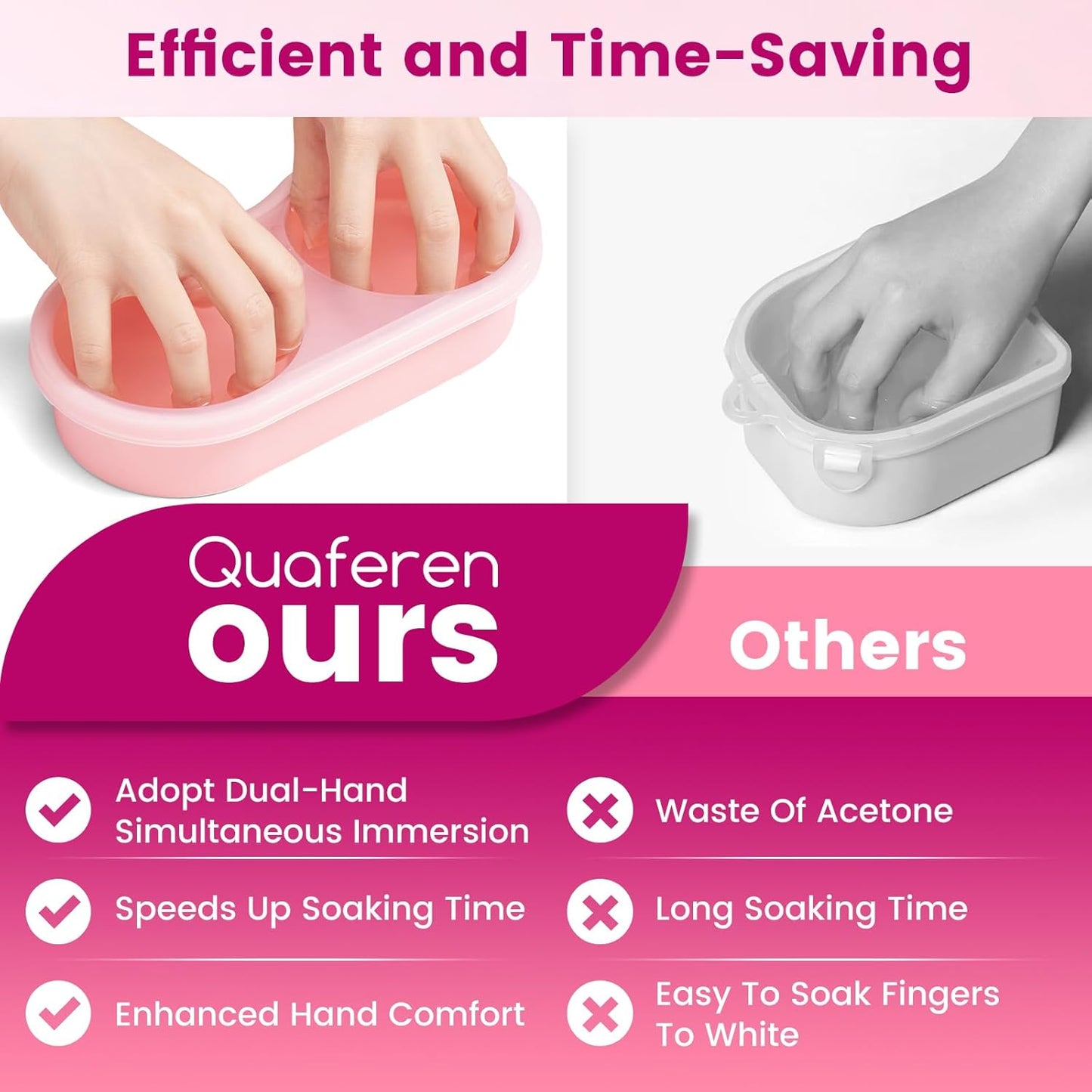 Quaferen Dual Nail Soaking Bowl: 3nd Generation 2-in-1 Manicure Bowl Acetone Proof for Women, Time-Saving Soak Off Gel Nail Polish Dip Powder Acrylic Removal Kit for Salon Home (Normal Size, Pink)