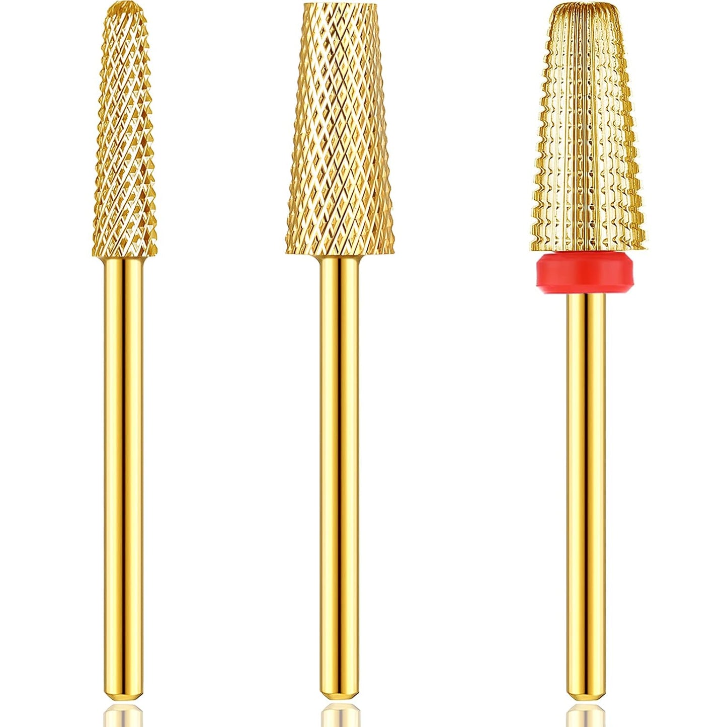 Outus 3 Pieces Nail Carbide 5 in 1 Tapered Barrel Carbide Nail Drill Bit Set, 3/32 Inches Cone Shape Bit for Acrylic or Gel Remover (Golden)