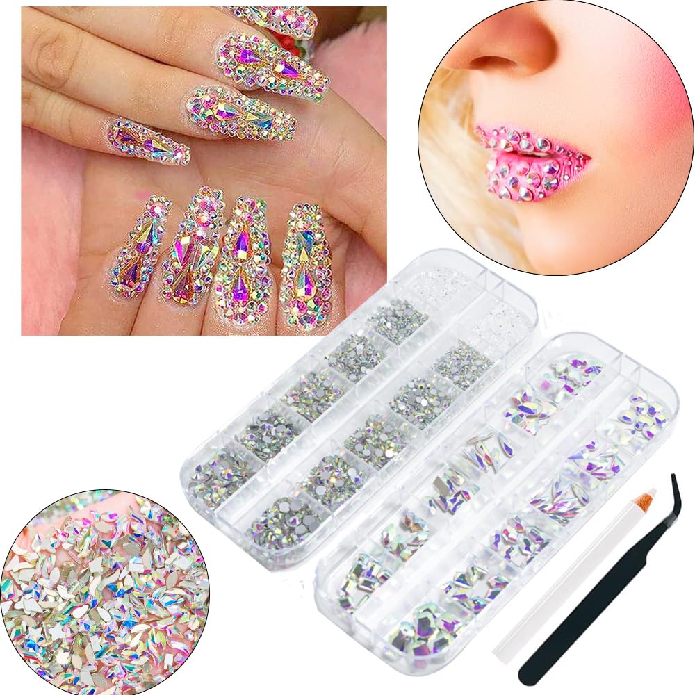 2680Pcs AB Nail Rhinestones, Big Colorful AB Nail Charms, Diamond Gems Stones with 2560Pcs AB Flatback Round Beads, Clear Acrylic Colored Glass Jewelry for Nails Faces Eyes Makeup Decoration
