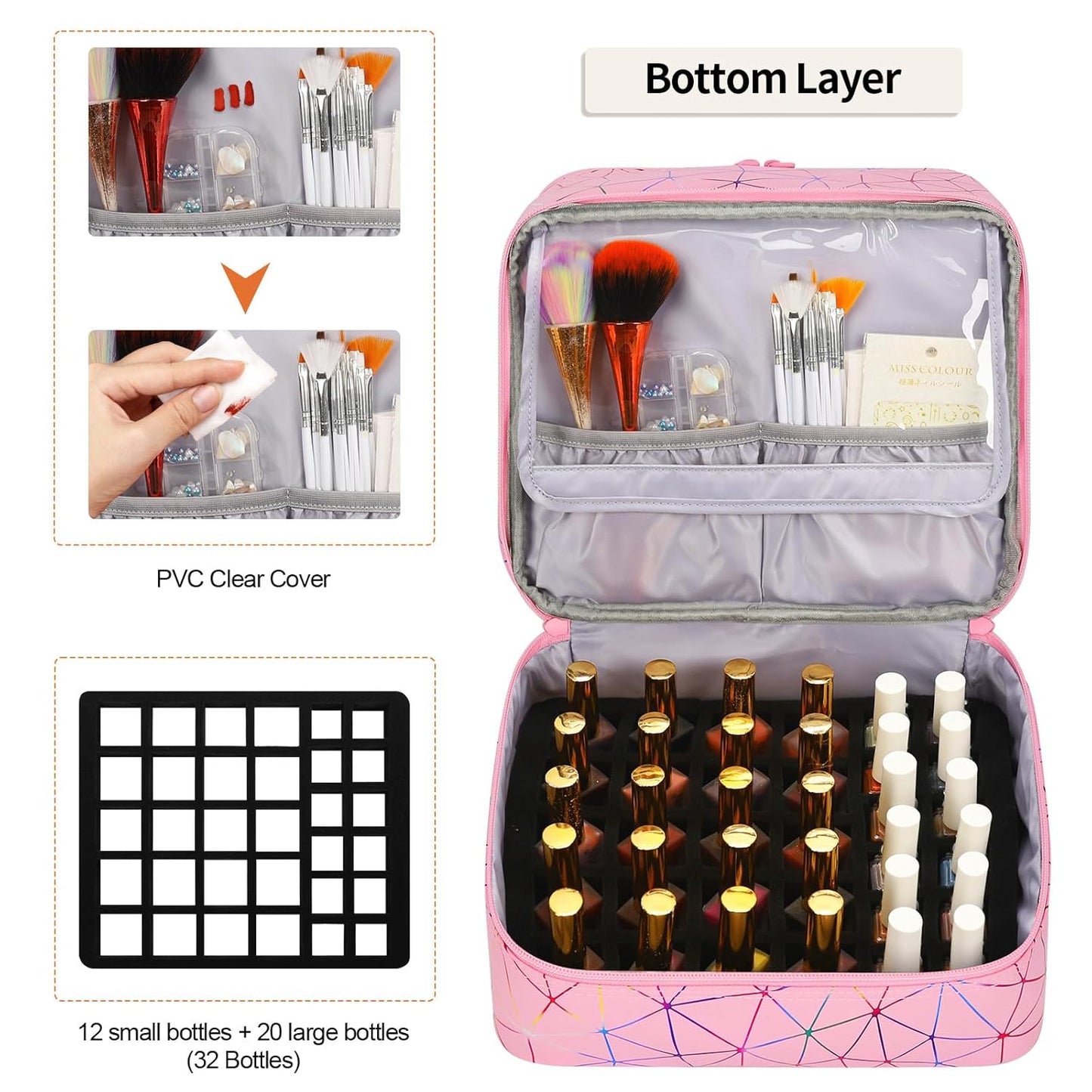Ethereal Small Nail Polish Organizer Case Holds 32+ Bottles(15ml/0.5fl.oz) and Nail Lamp, Double Layer Nail Polish Storage Bag for Nail Kit, Manicure Tools, Diamond Pink