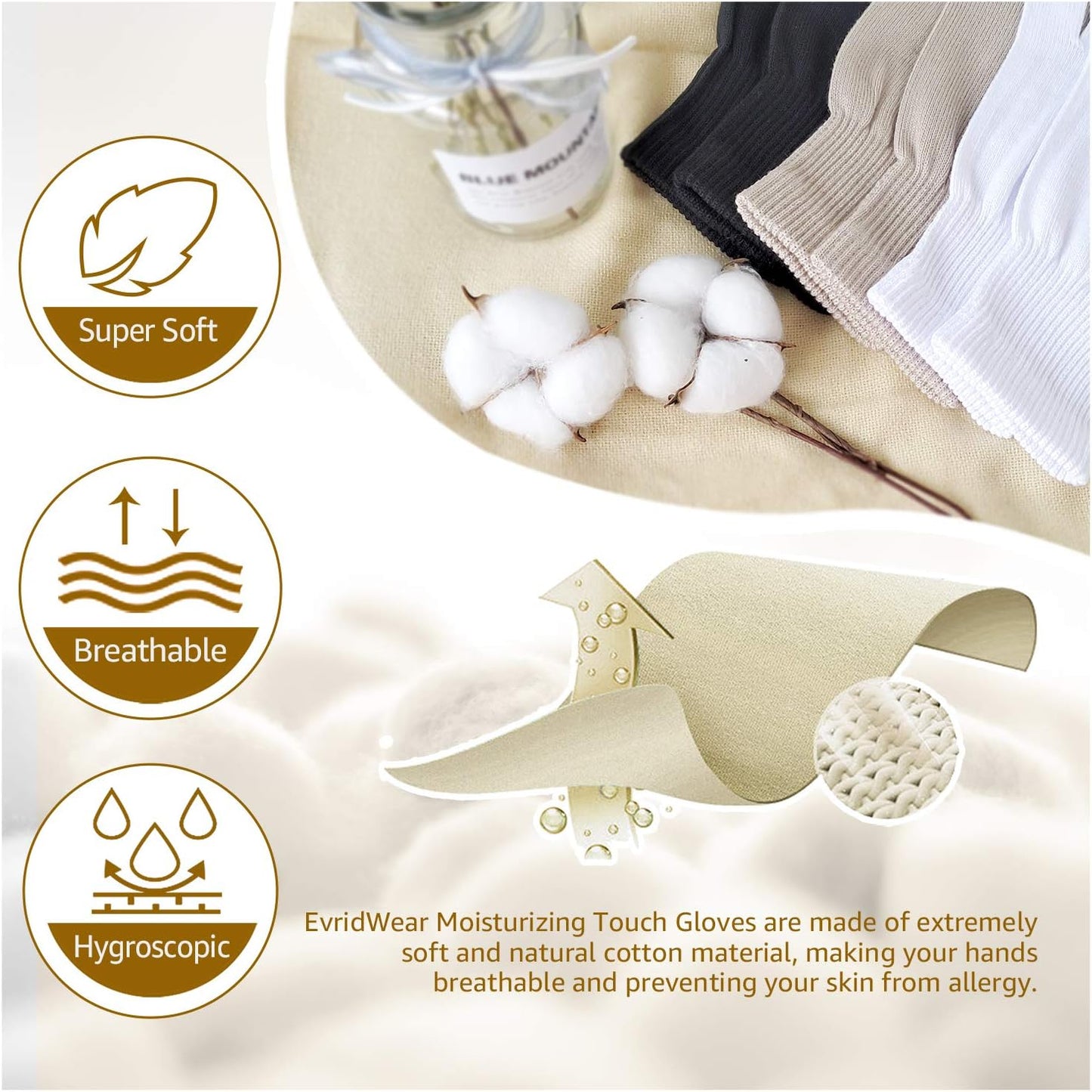 Evridwear Men Moisturizing Cotton Gloves with Touchscreen Fingertips for Eczema Beauty Cosmetic Dry Hands Sensitive Irritated Skin Therapy Overnight Bedtime, 6 Pairs, Lightweight-Black, XS
