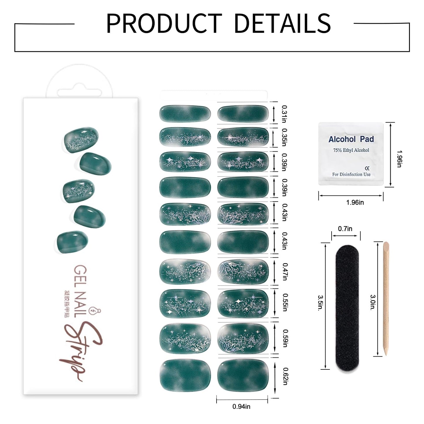 WOKOTO 1 Sheet Semi Cured Gel Nail Strips With Wood Stick, Nail File & Prepared Pads, 20 Tips Glittery Fantasy Green Semi Cured Nail Polish Strips, Harden With UV Light Gel Nail Wraps Stickers