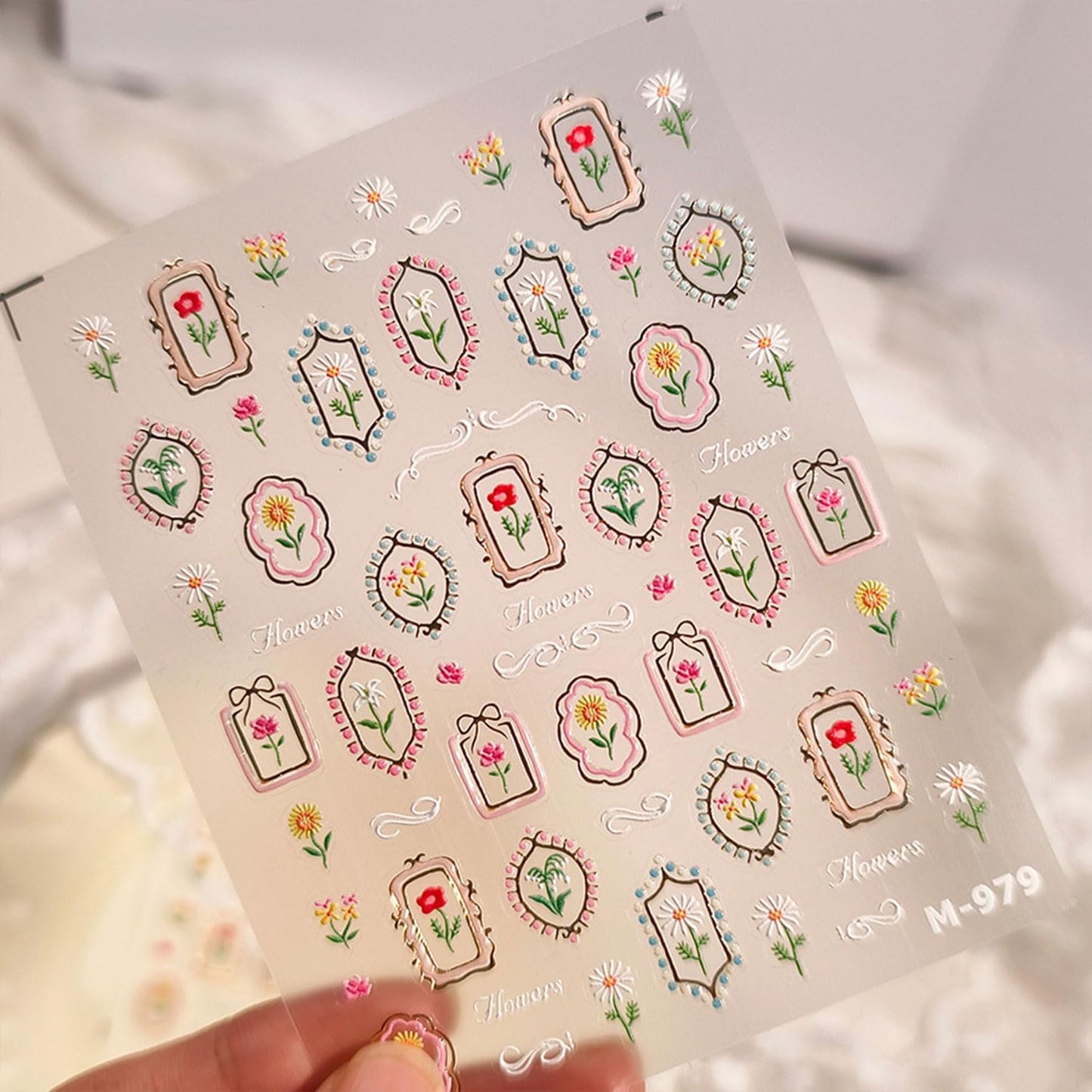 Flower Nail Decals Embossed Summer Tulip Nail Art Stickers 5D Self-Adhesive Gold Pink Nail Stickers Floral Nails Designs Decals Summer Nails Decoration for Women Girls